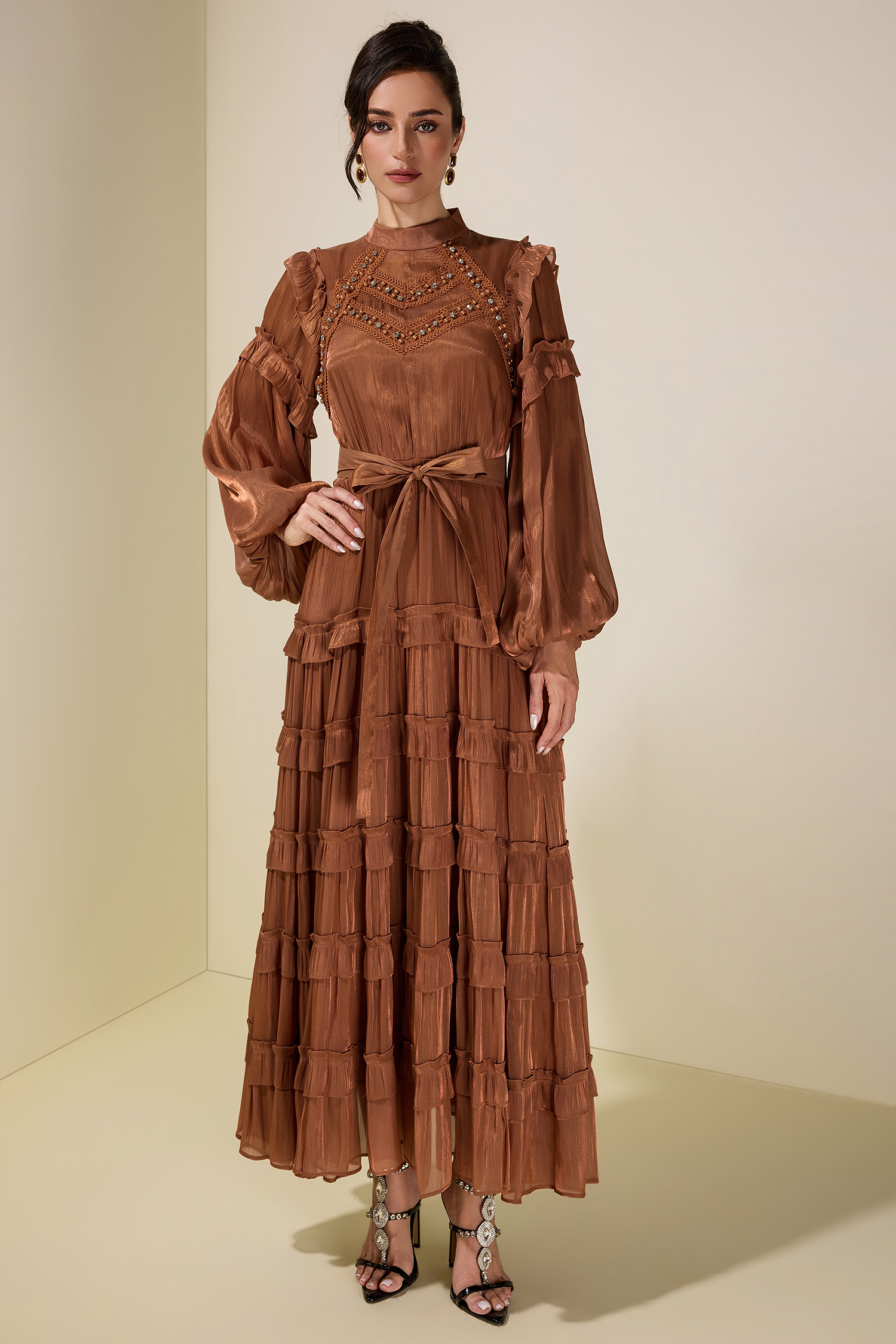 Rhinestone Rivets Frill Maxi Dress