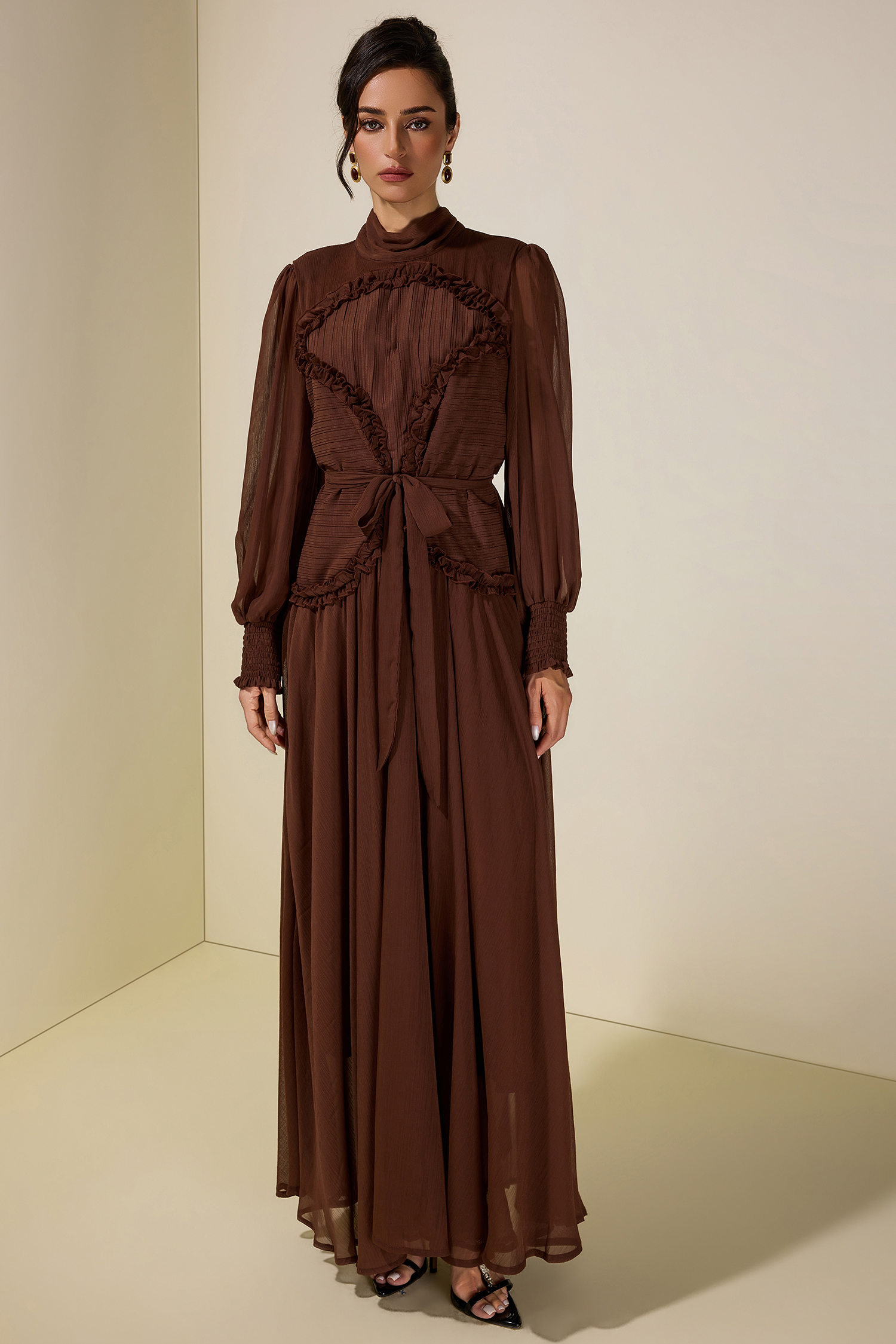 Chiffon Pleated Tie-Up Maxi Dress