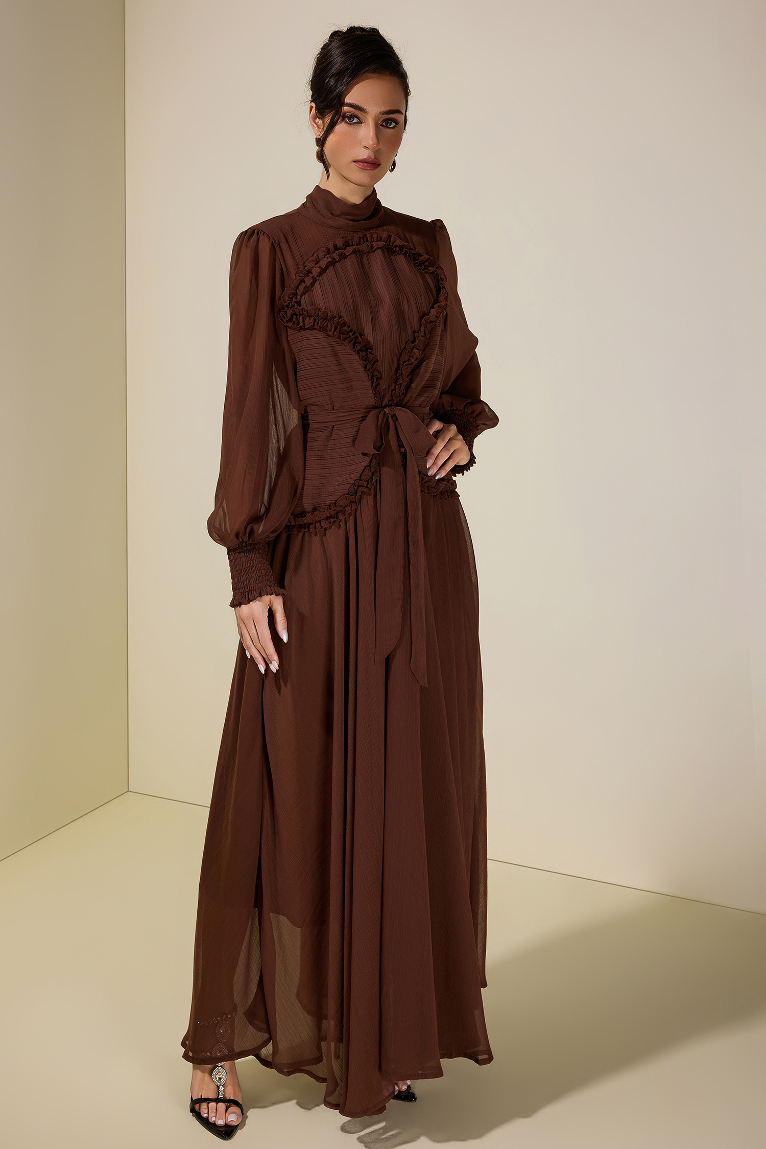 Chiffon Pleated Tie-Up Maxi Dress