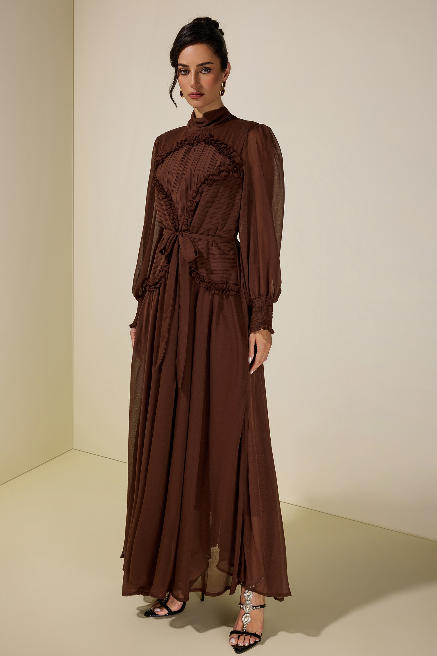 Chiffon Pleated Tie-Up Maxi Dress