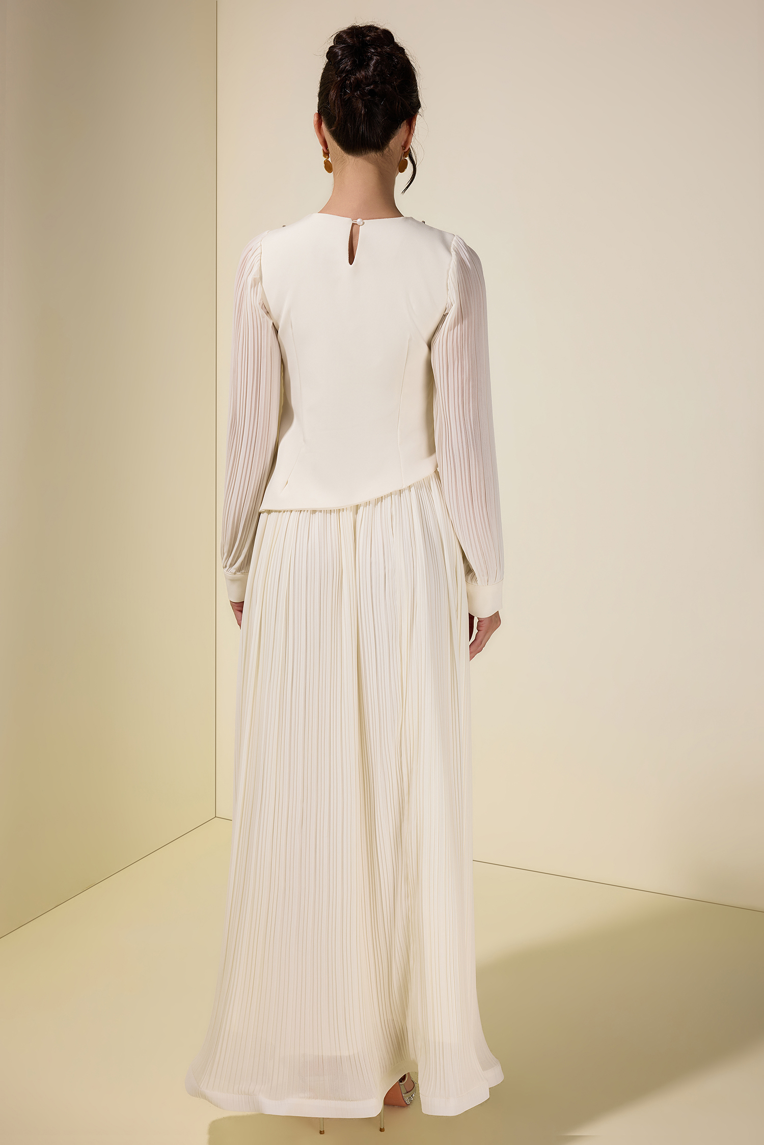 Rhinestone Rivets Pleated Top & Maxi Skirt Set