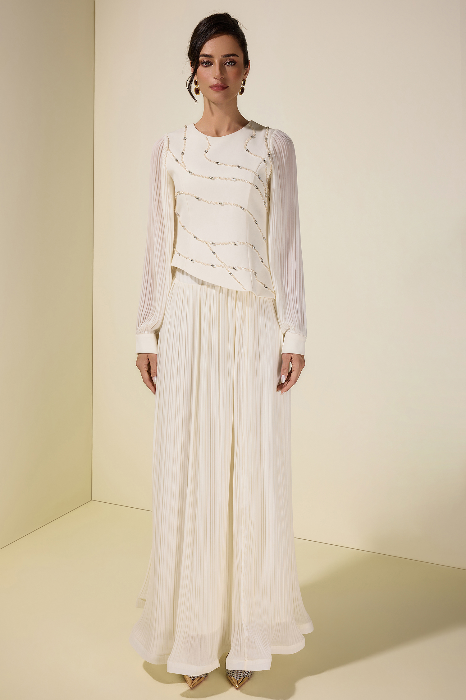 Rhinestone Rivets Pleated Top & Maxi Skirt Set