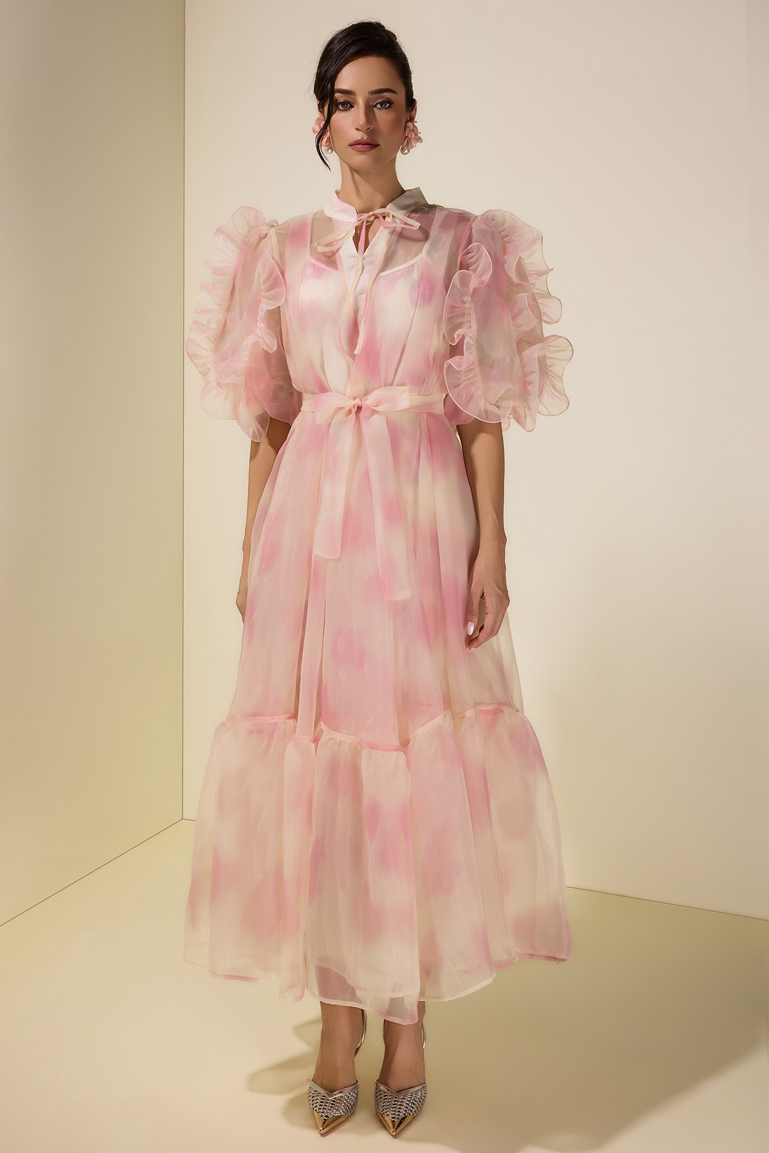 Tie Dye Puff Sleeve Ruffle Midi Dress