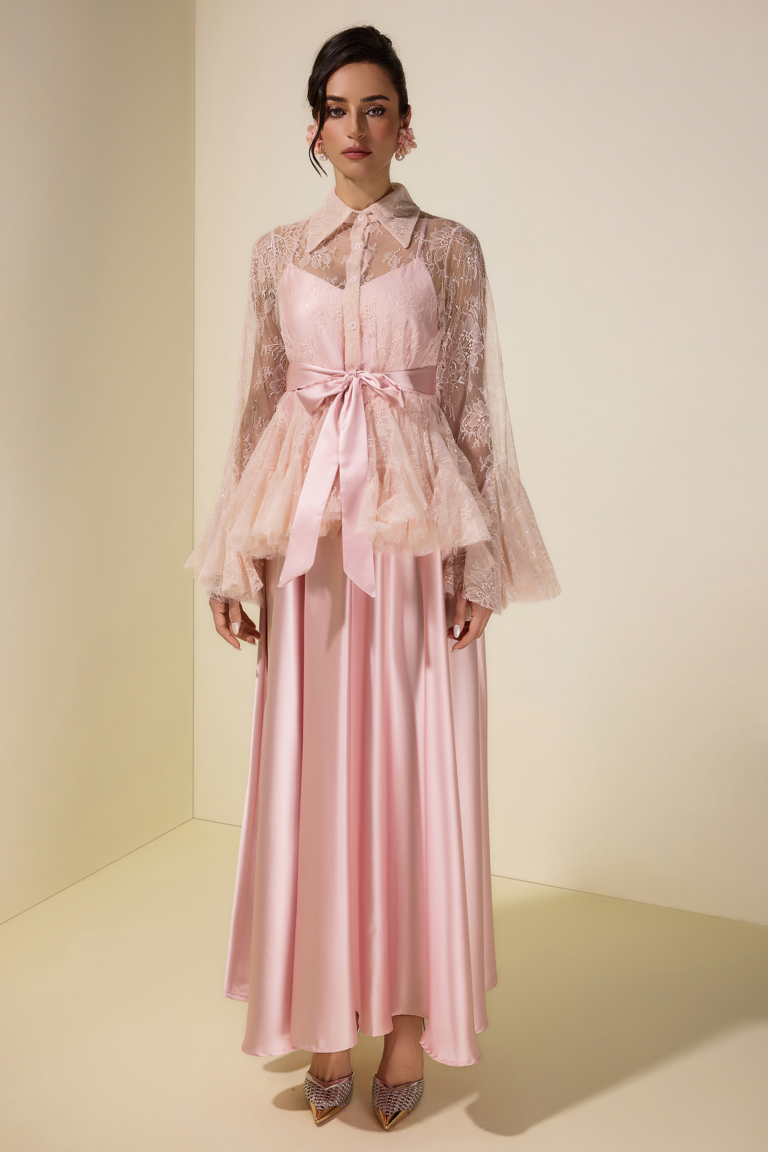 Sequin Lace Blouse  & Satin Slip Maxi Dress Set