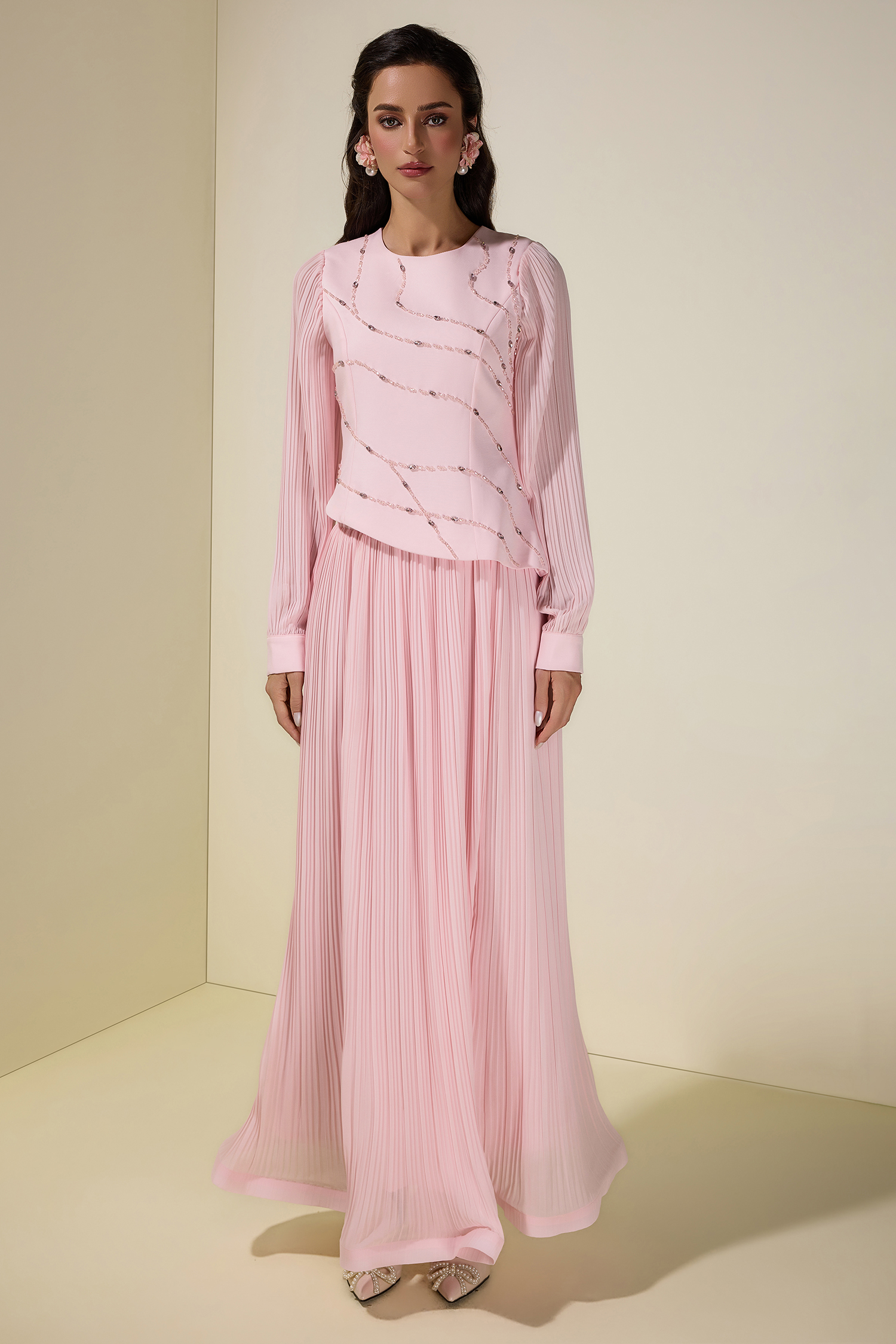 Rhinestone Rivets Pleated Top & Maxi Skirt Set