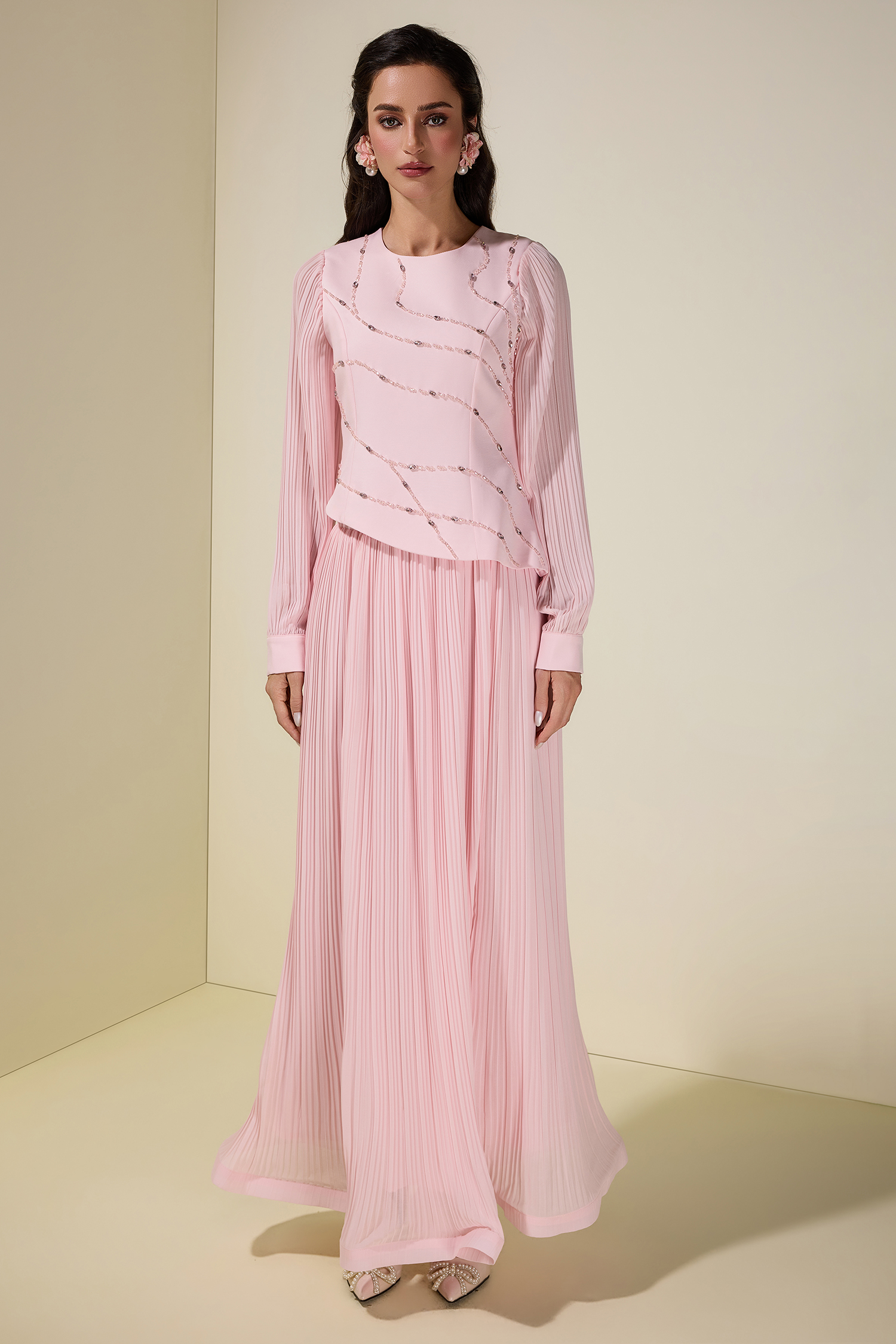 Rhinestone Rivets Pleated Top & Midi Skirt Set