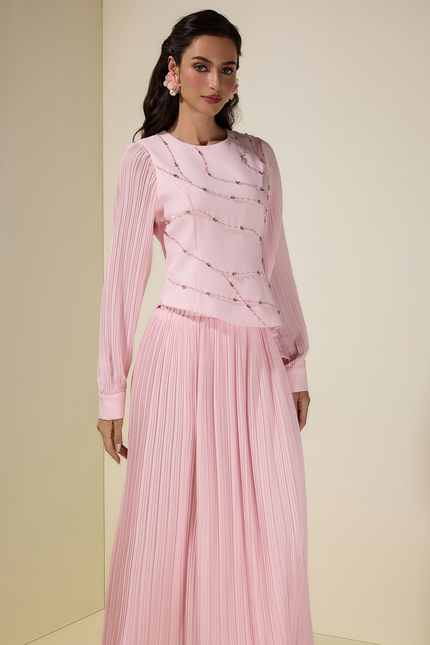 Rhinestone Rivets Pleated Top & Maxi Skirt Set