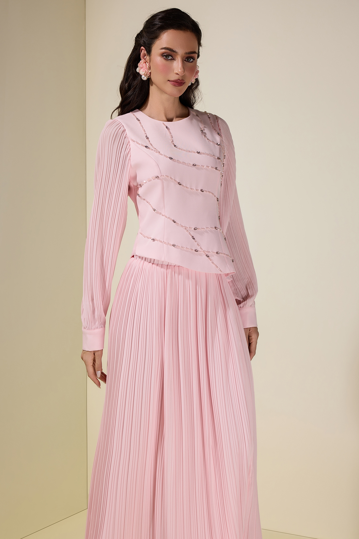 Rhinestone Rivets Pleated Top & Midi Skirt Set
