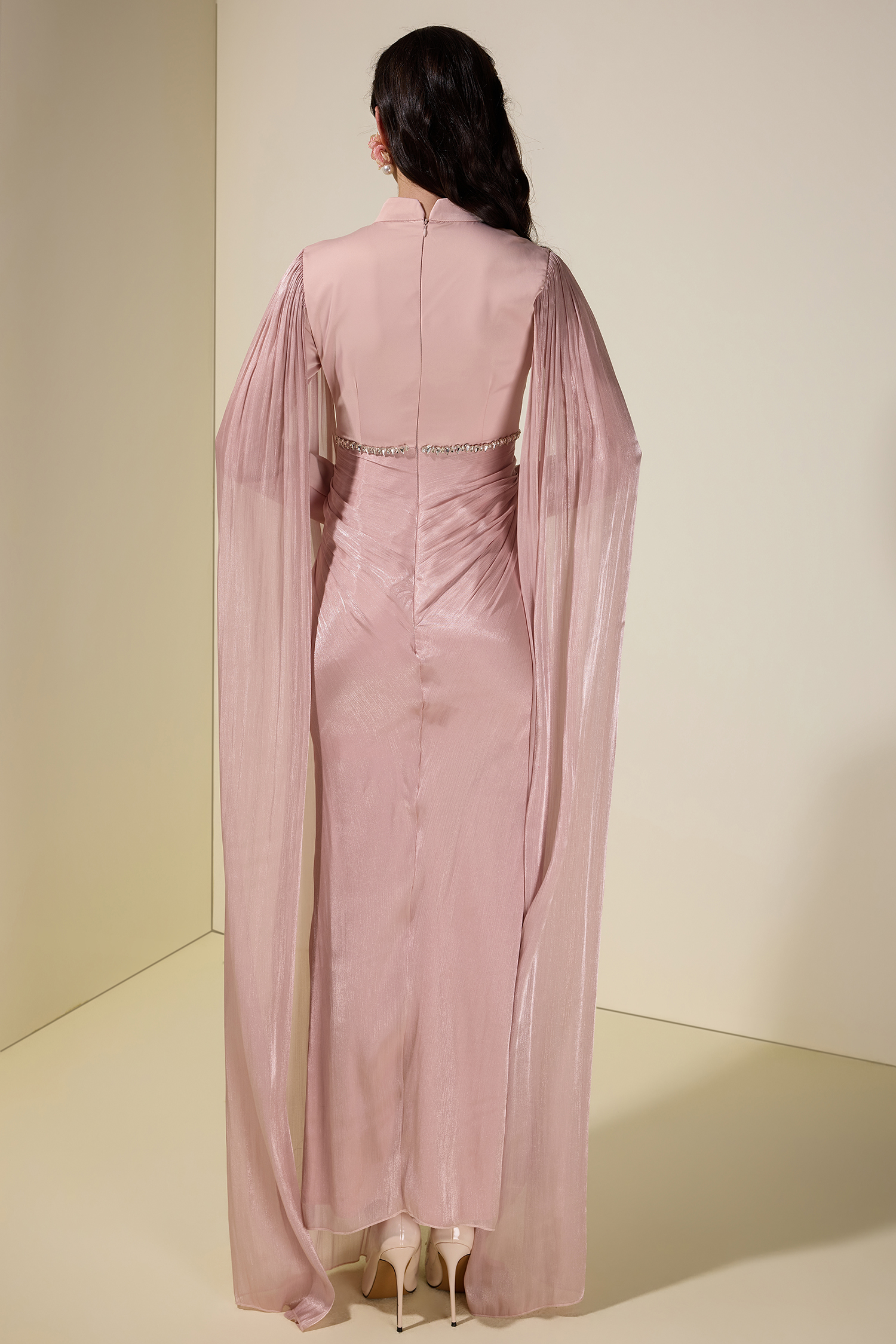 Satin Cape Sleeve Rhinestone Maxi Dress