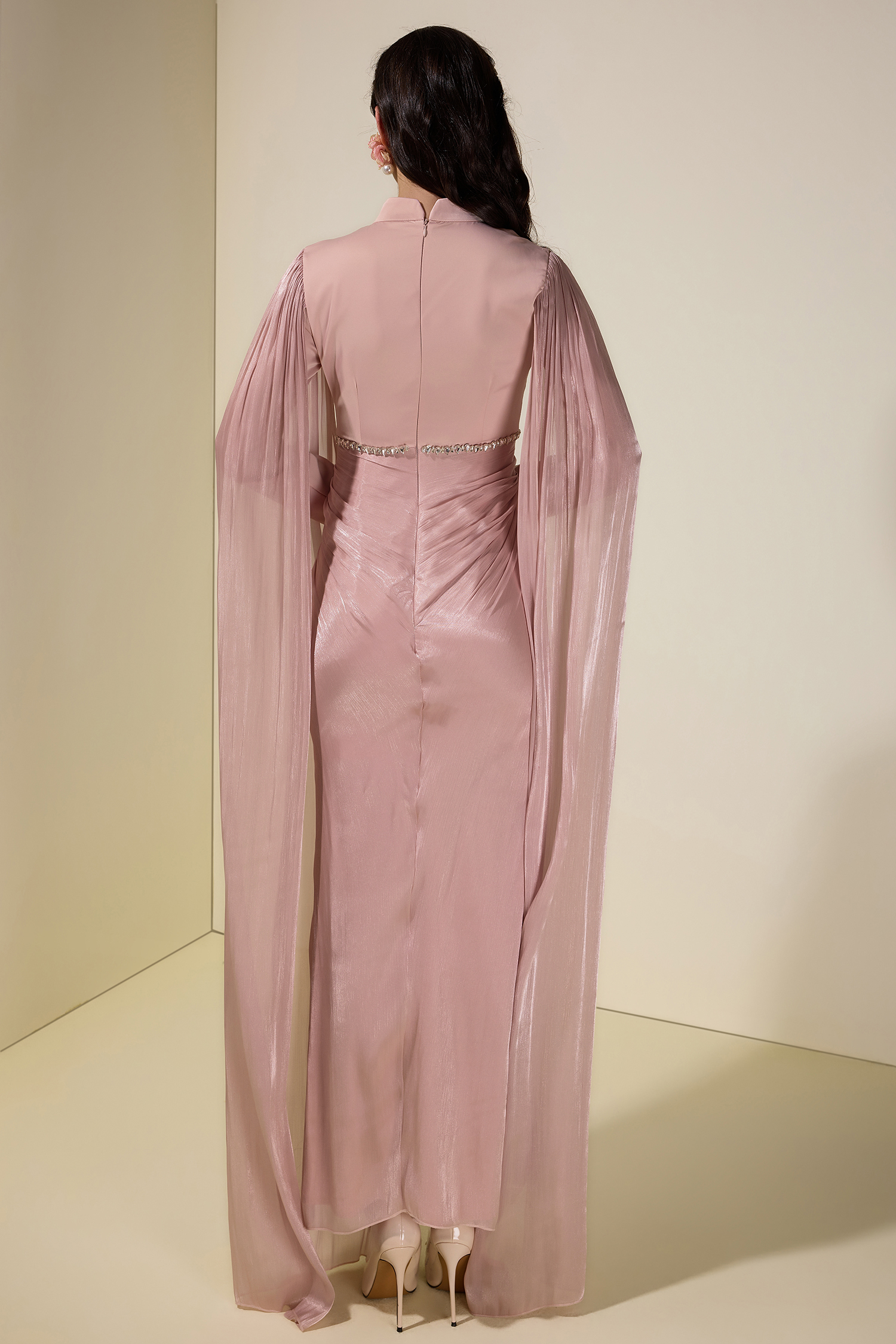 Satin Cape Sleeve Rhinestone Maxi Dress