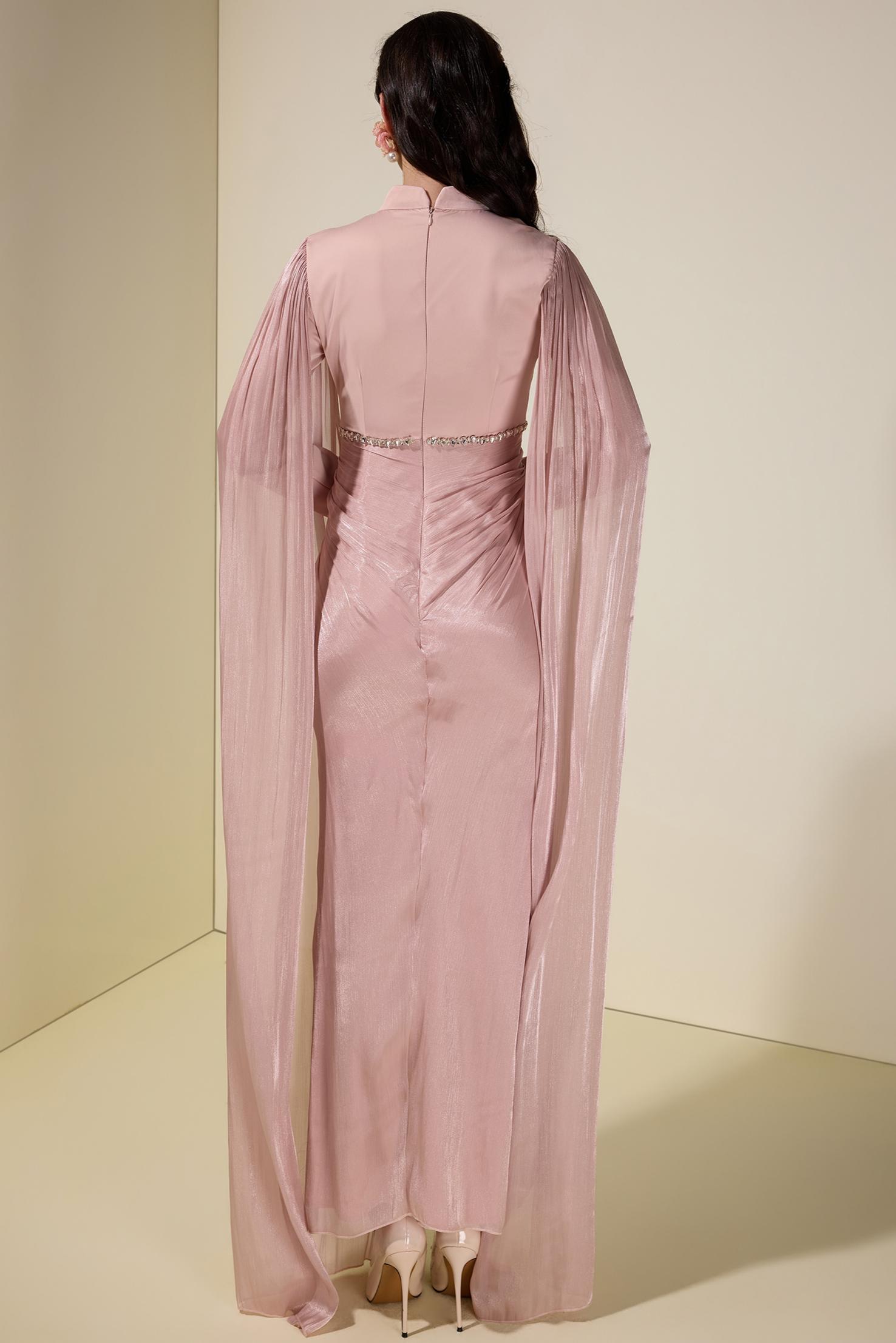 Satin Cape Sleeve Rhinestone Maxi Dress