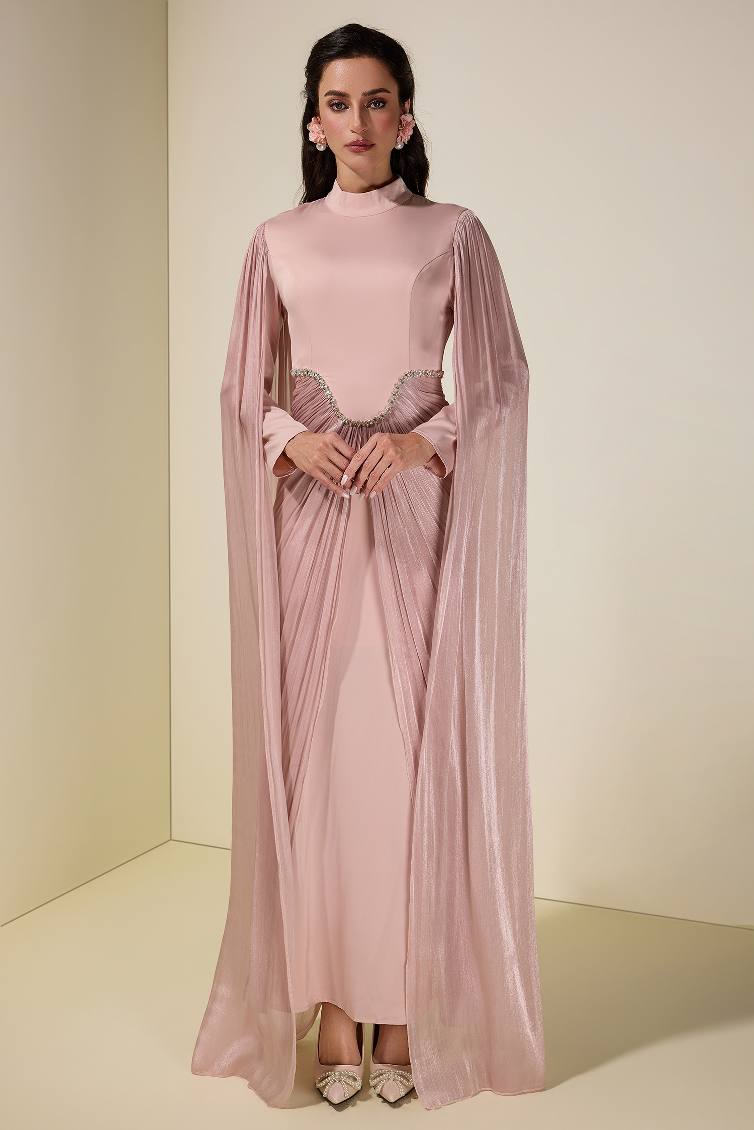 Satin Cape Sleeve Rhinestone Maxi Dress