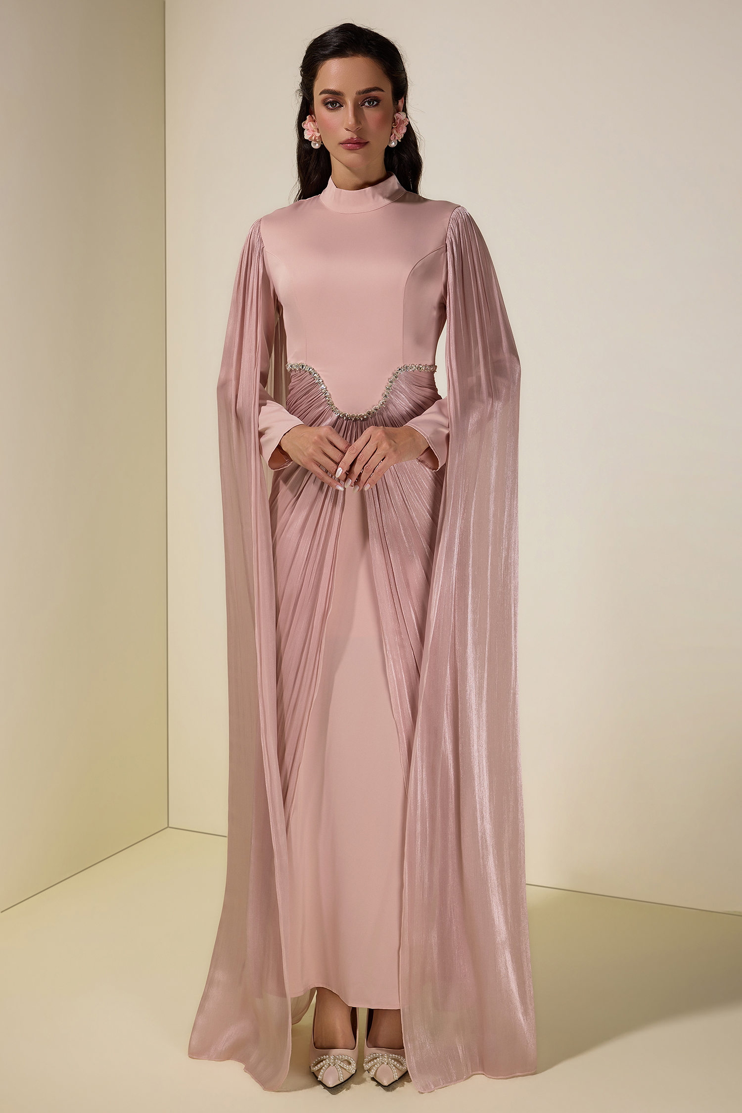 Satin Cape Sleeve Rhinestone Maxi Dress