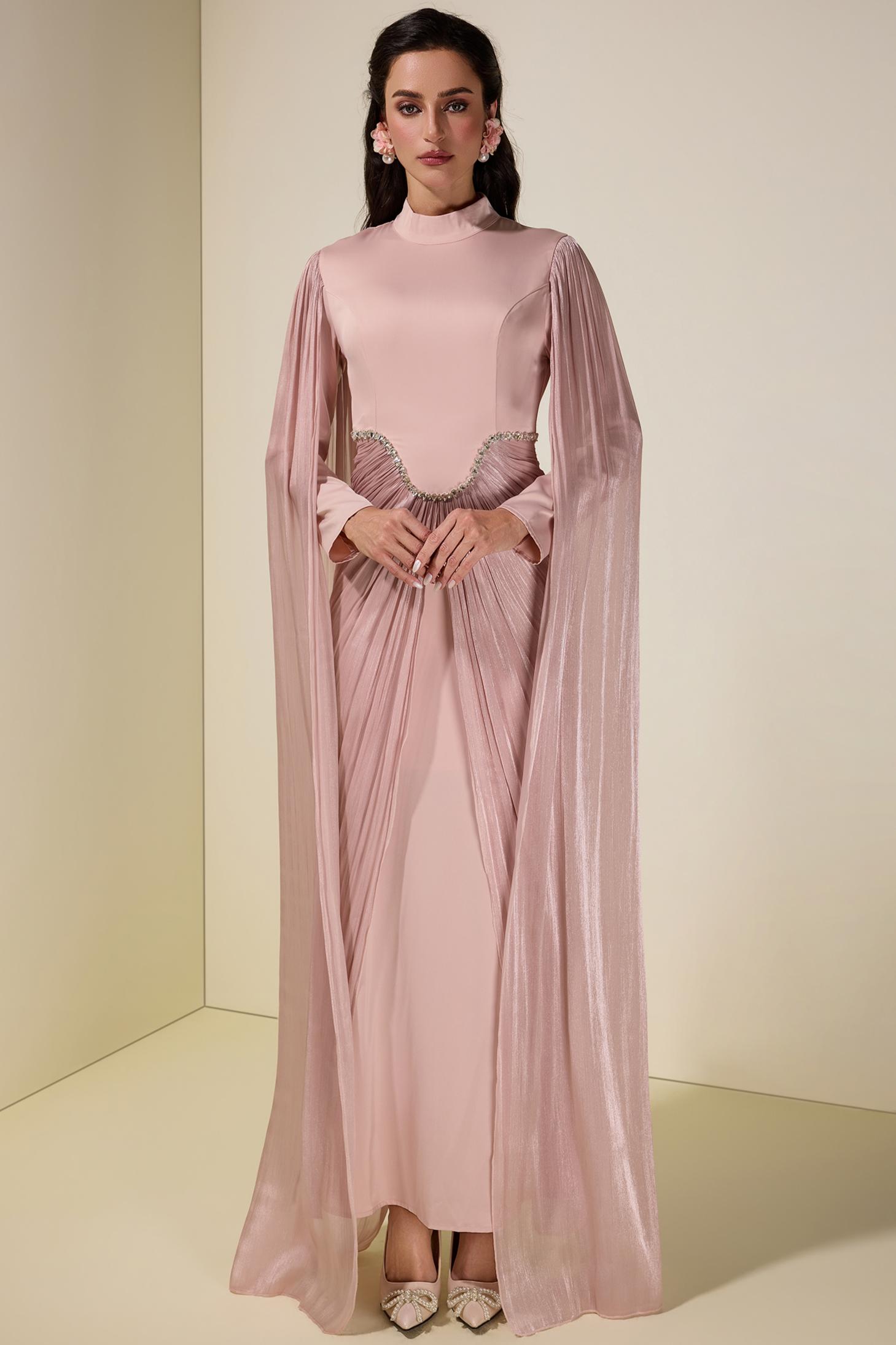 Satin Cape Sleeve Rhinestone Maxi Dress