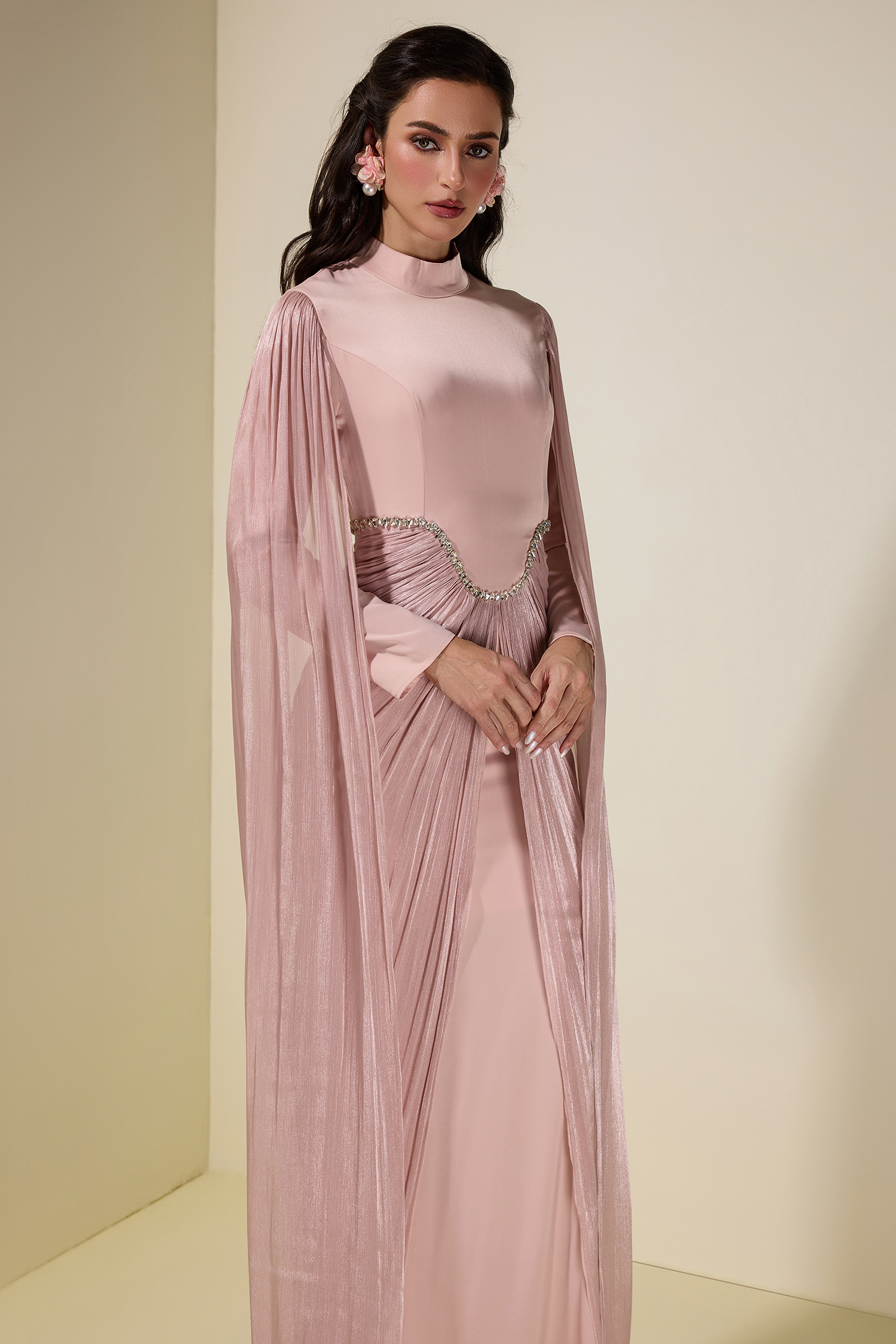 Satin Cape Sleeve Rhinestone Maxi Dress
