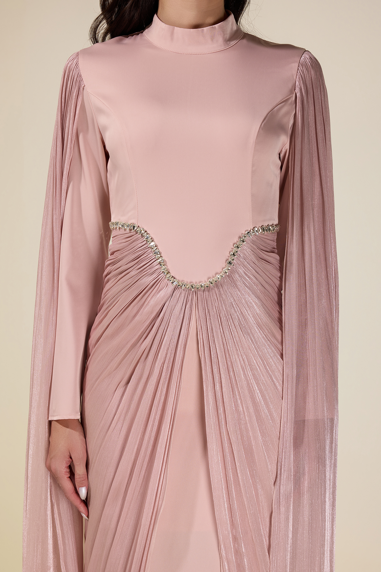 Satin Cape Sleeve Rhinestone Maxi Dress