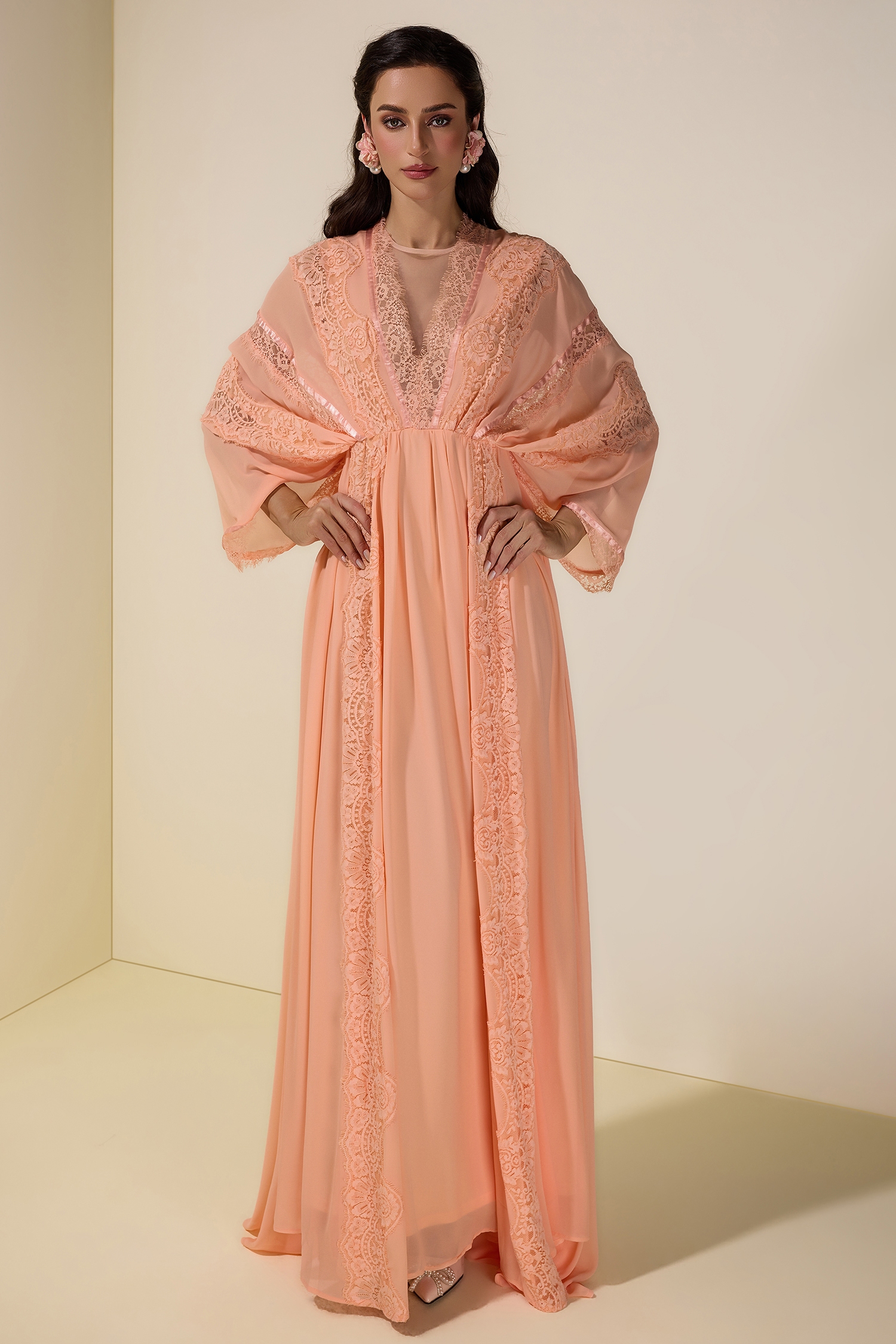 Lace Chiffon Batwing Sleeve Maxi Dress