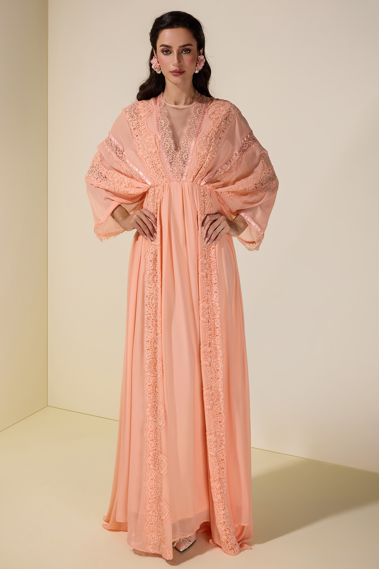 Lace Chiffon Batwing Sleeve Maxi Dress