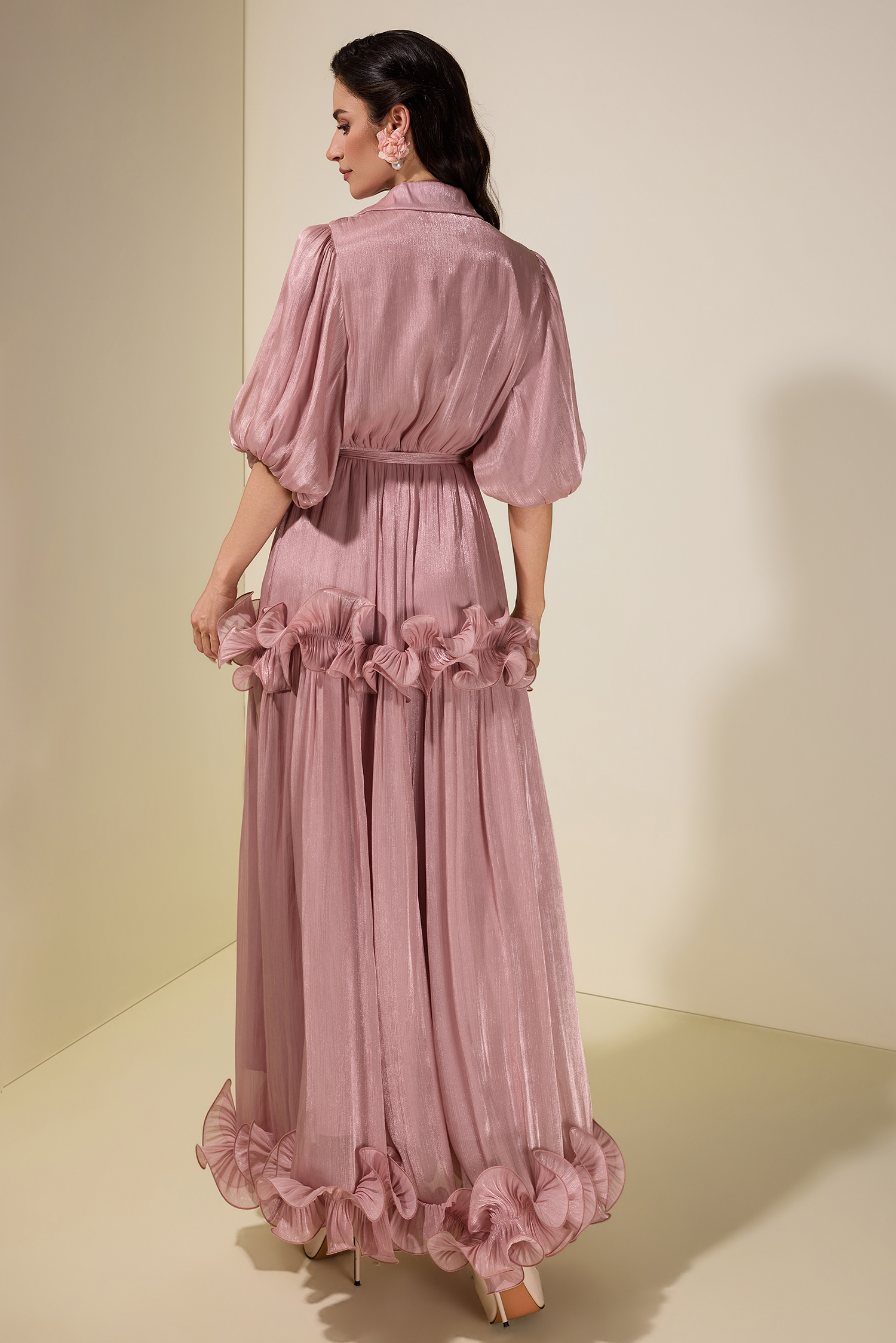 Frill Gathering Puff Sleeve Maxi Dress