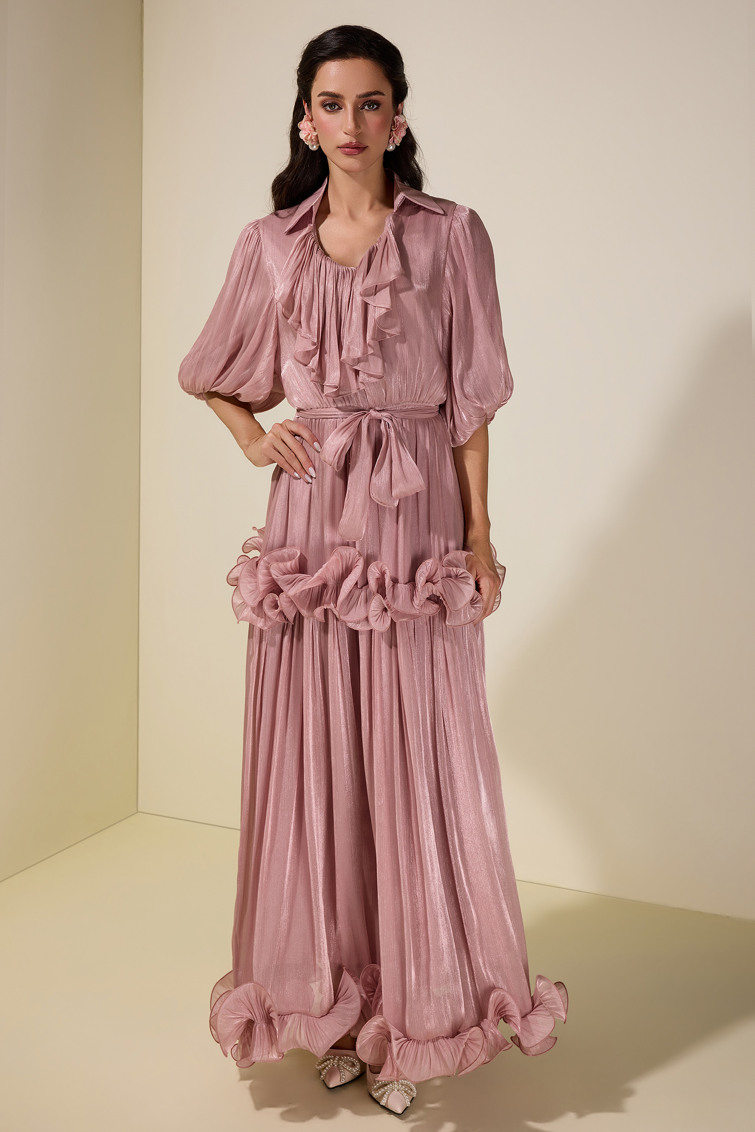 Frill Gathering Puff Sleeve Maxi Dress