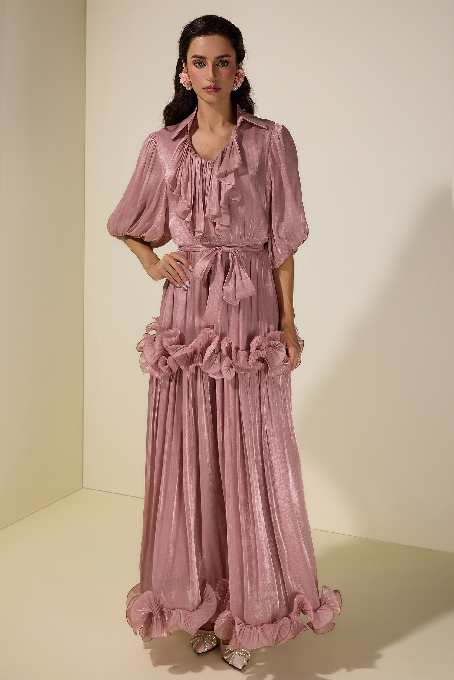 Frill Gathering Puff Sleeve Maxi Dress