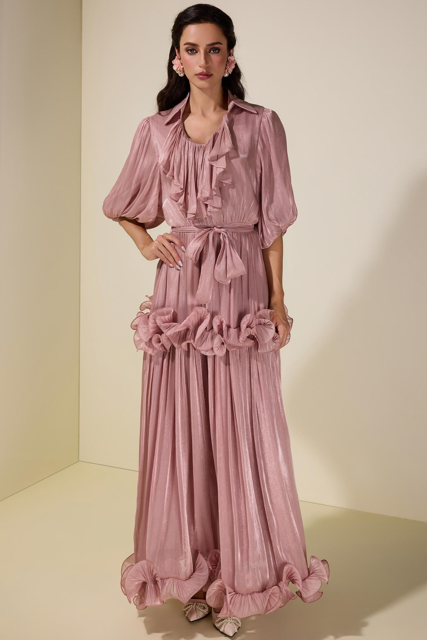 Frill Gathering Puff Sleeve Maxi Dress