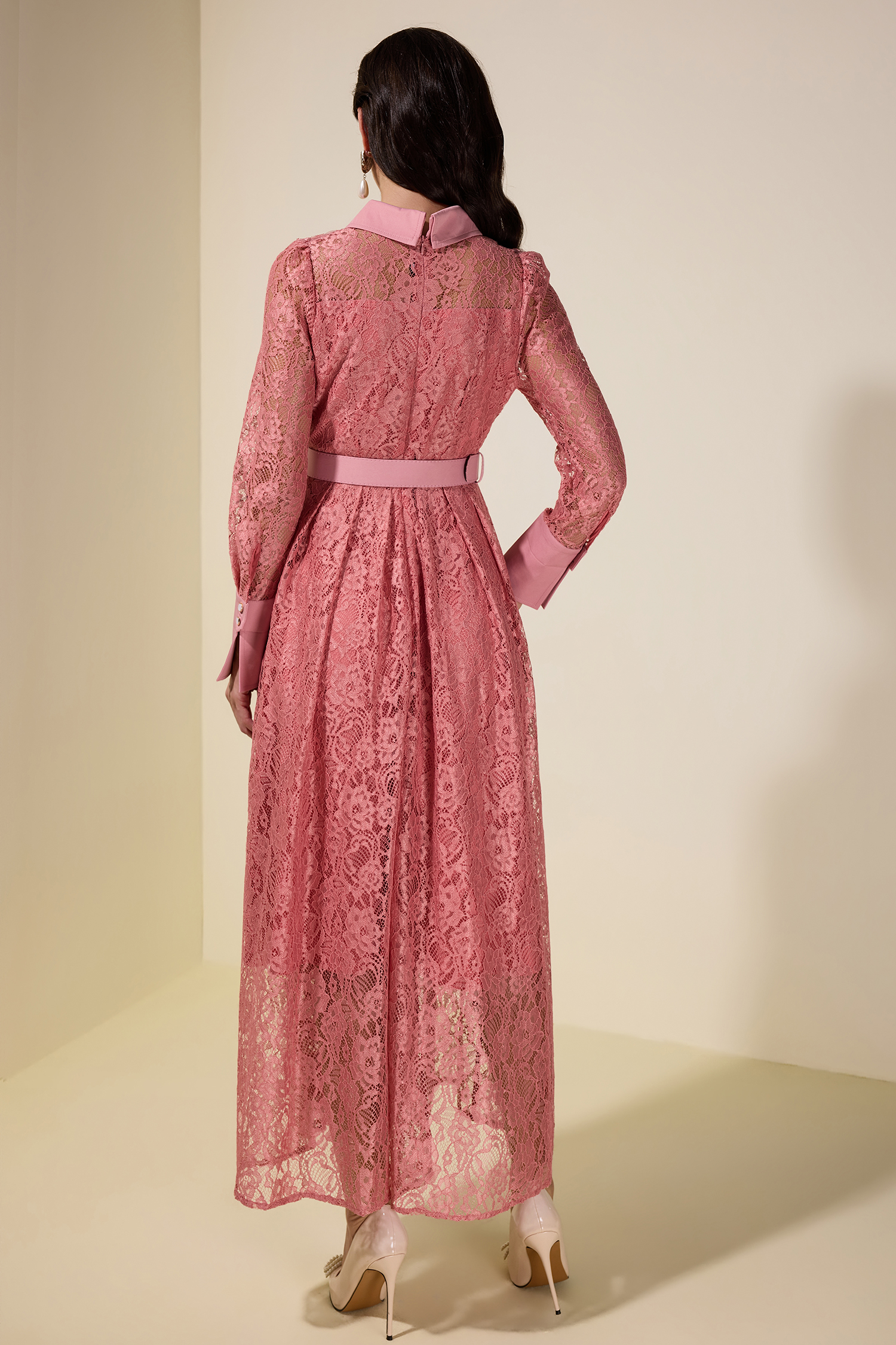 Lace Rivet Shirt Collar Midi Dress With Belt