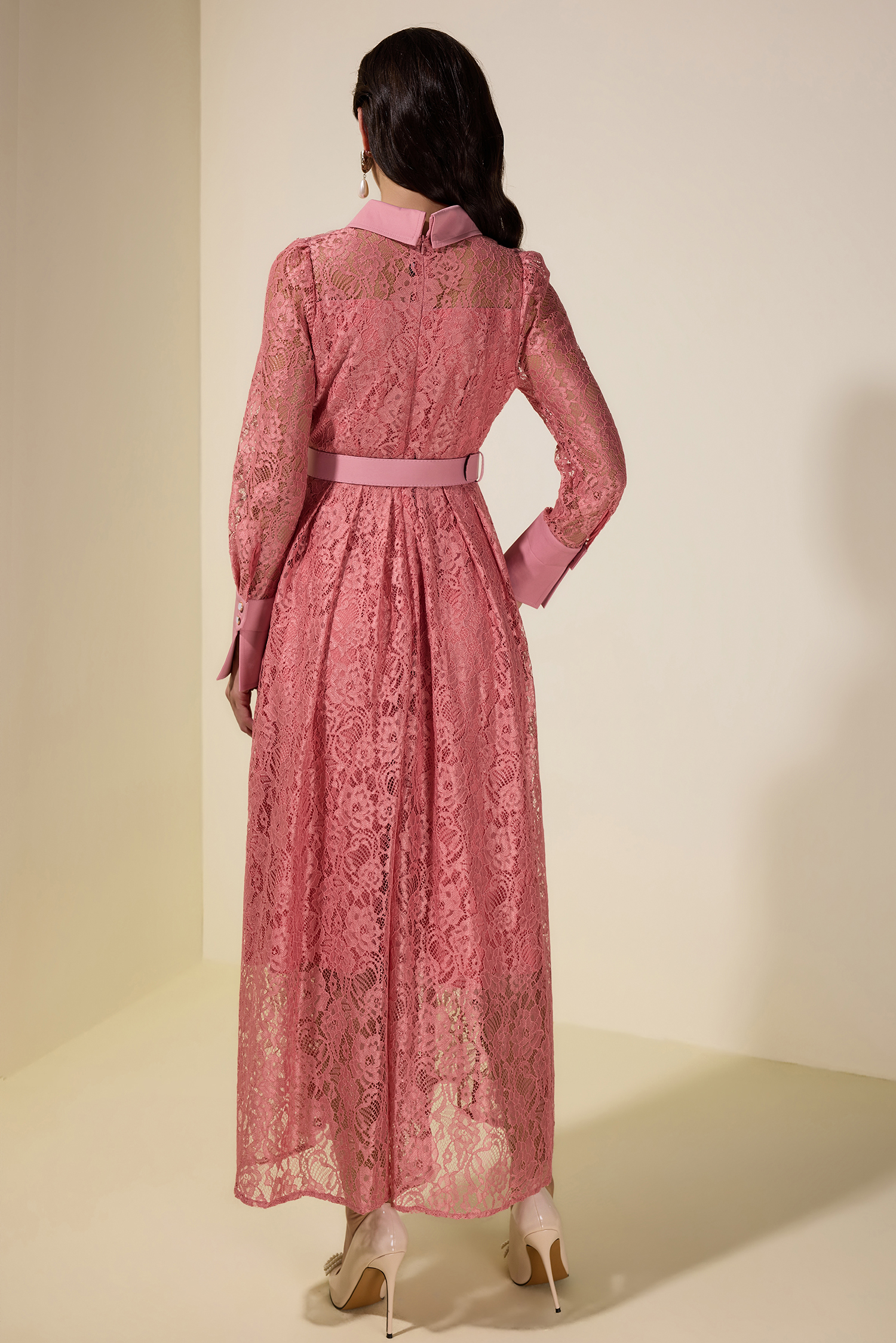 Lace Rivet Shirt Collar Midi Dress With Belt