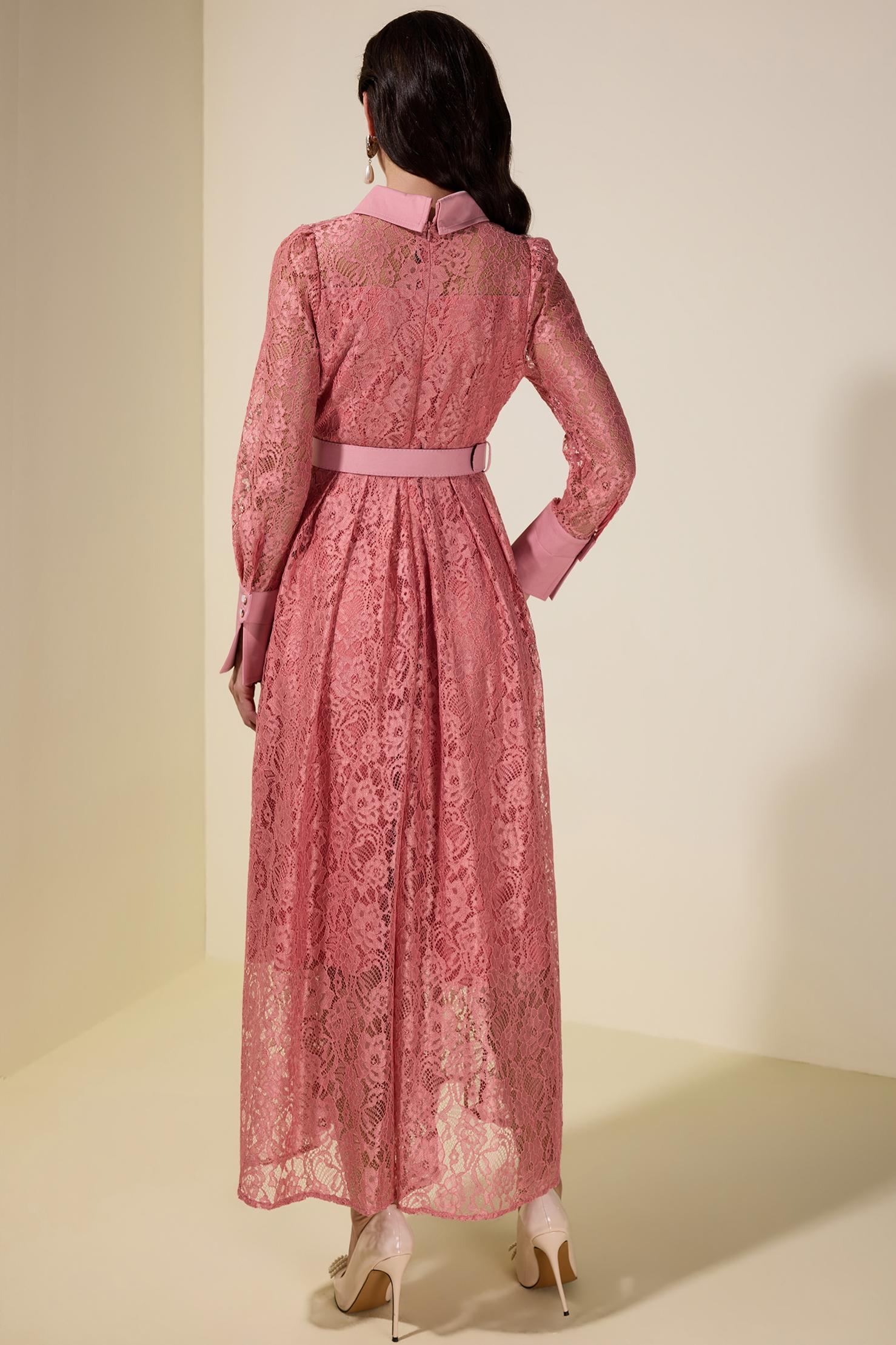 Lace Rivet Shirt Collar Midi Dress With Belt