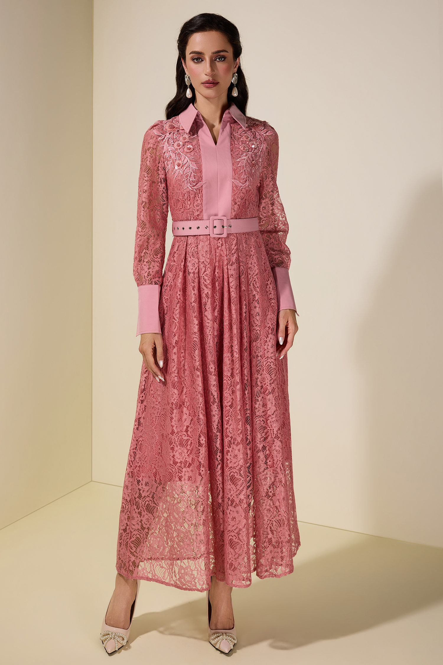 Lace Rivet Shirt Collar Midi Dress With Belt