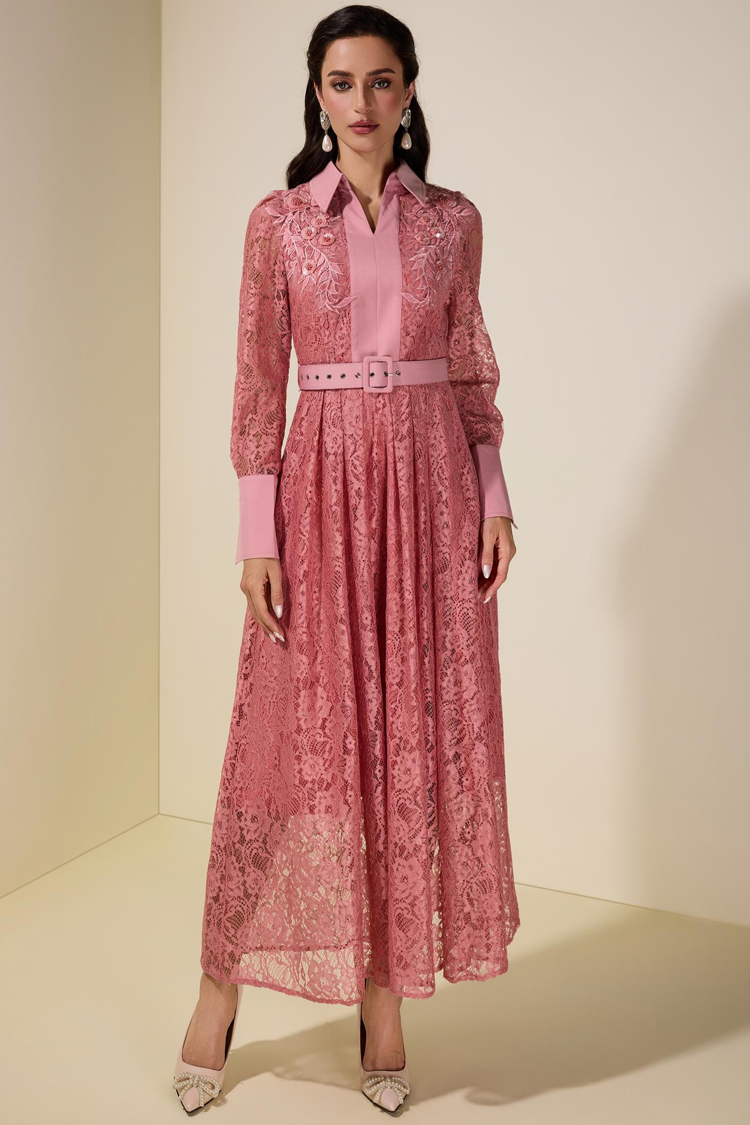 Lace Rivet Shirt Collar Midi Dress With Belt