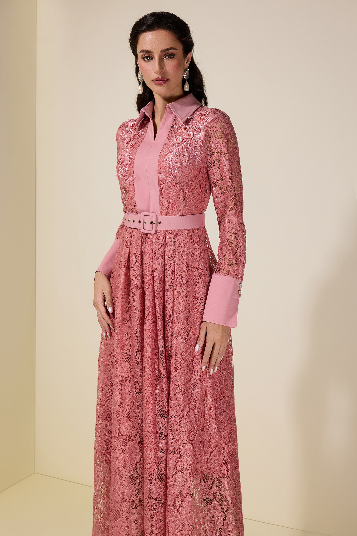 Lace Rivet Shirt Collar Midi Dress With Belt
