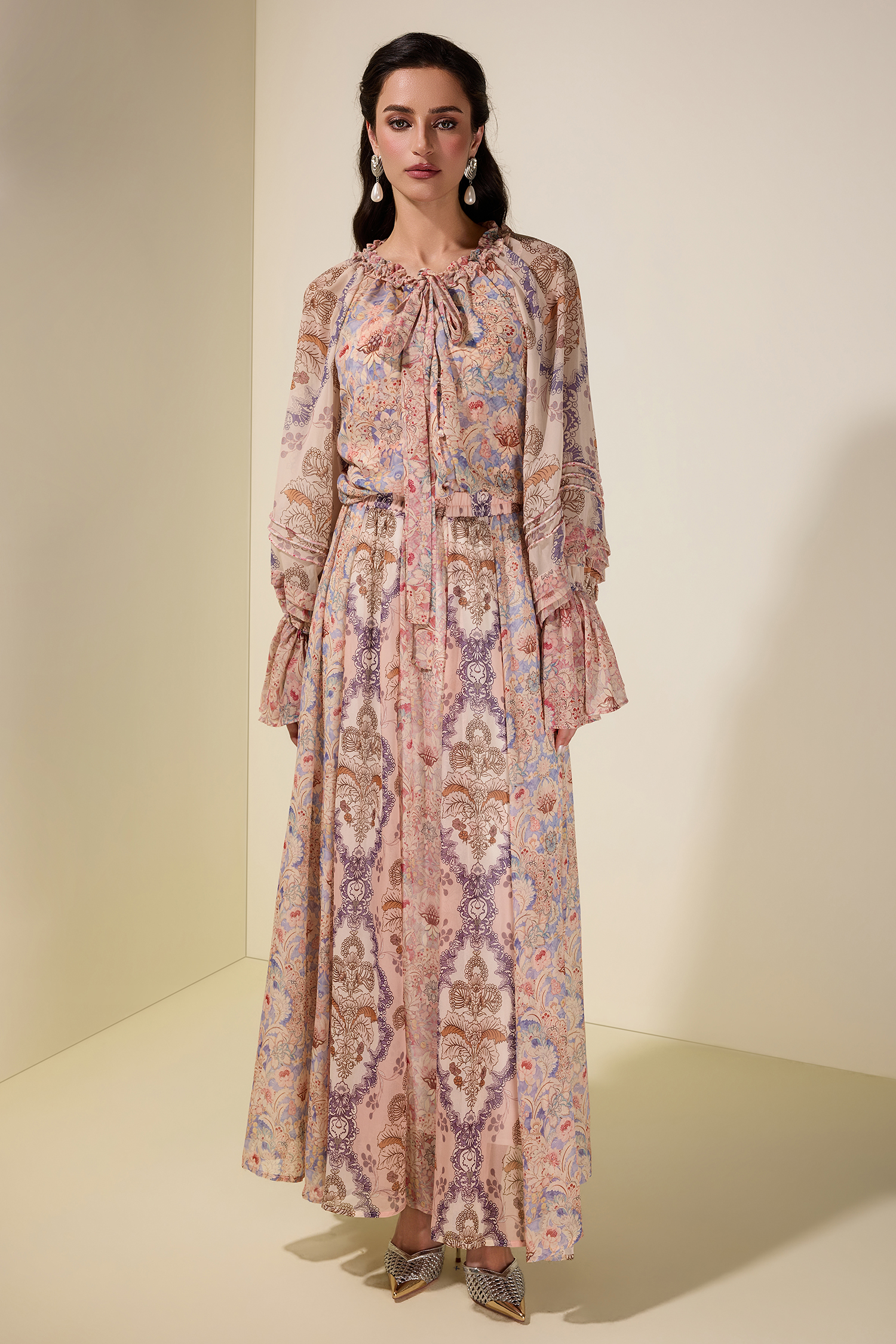 Floral Tie-Up Single Breasted Top & Maxi Skirt Set