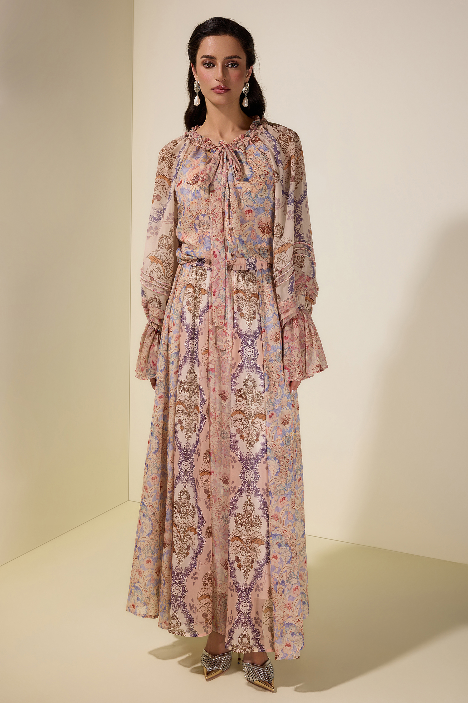 Floral Tie-Up Single Breasted Top & Maxi Skirt Set