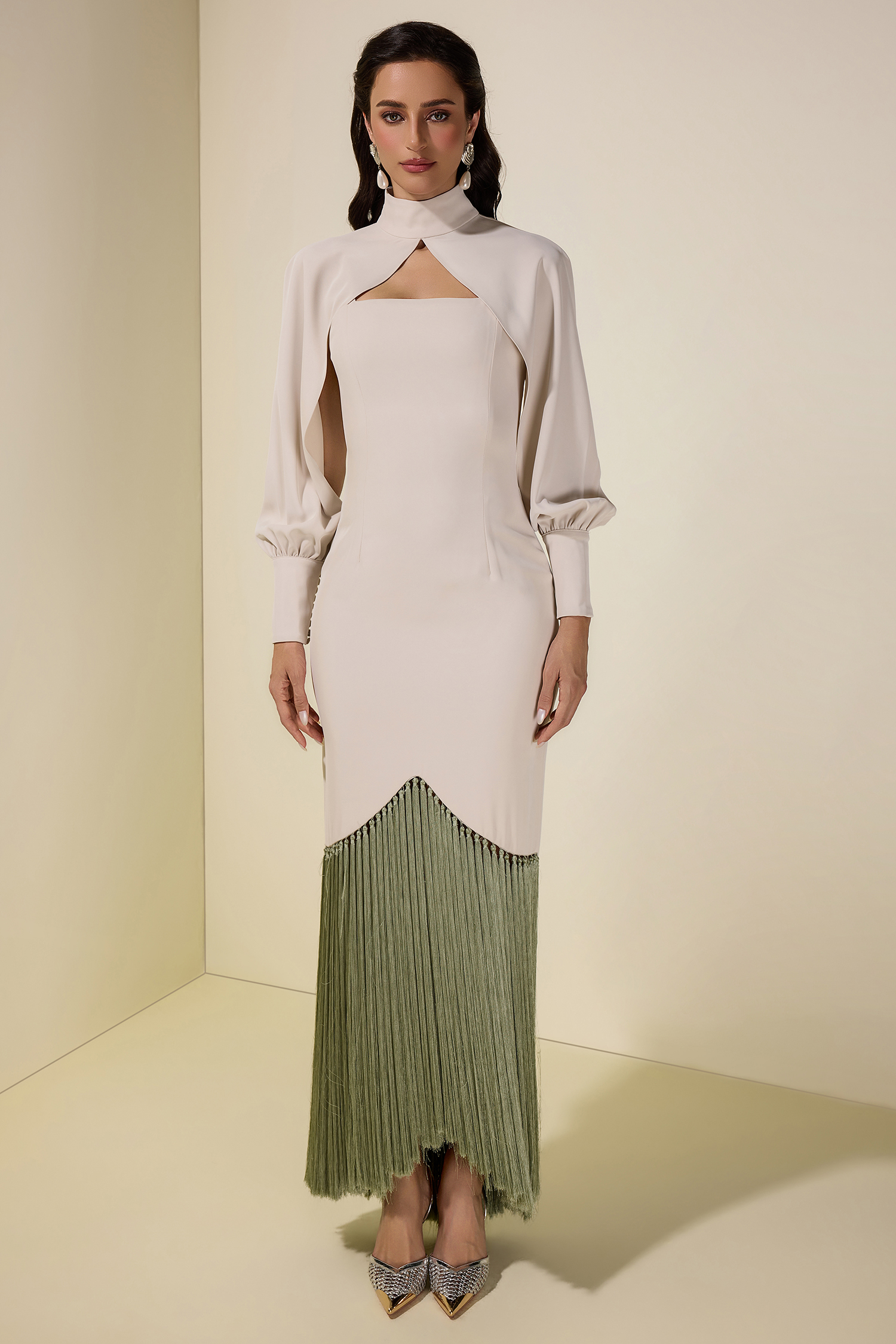 Tassel Slip Midi Dress With Cape