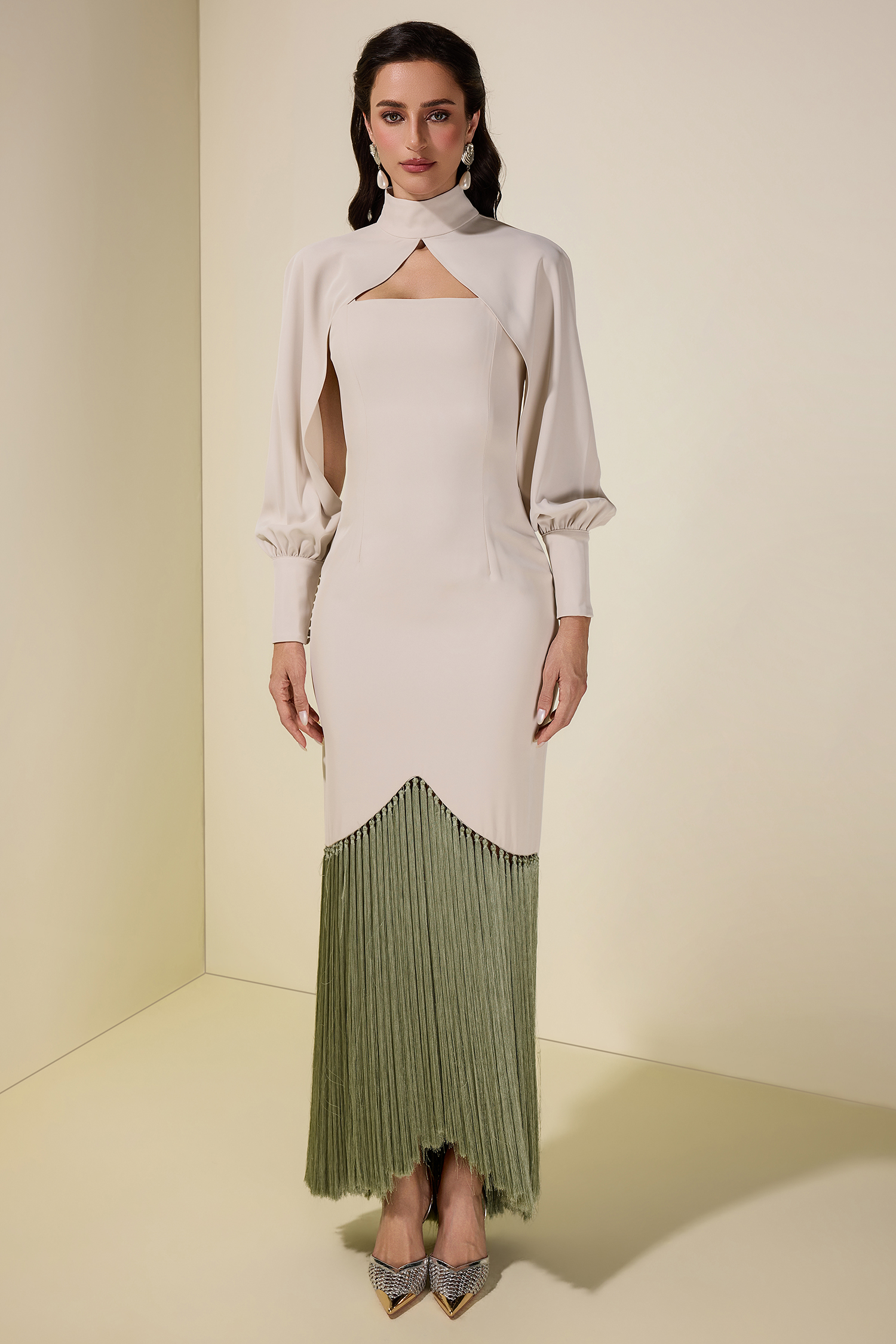 Tassel Slip Midi Dress With Cape