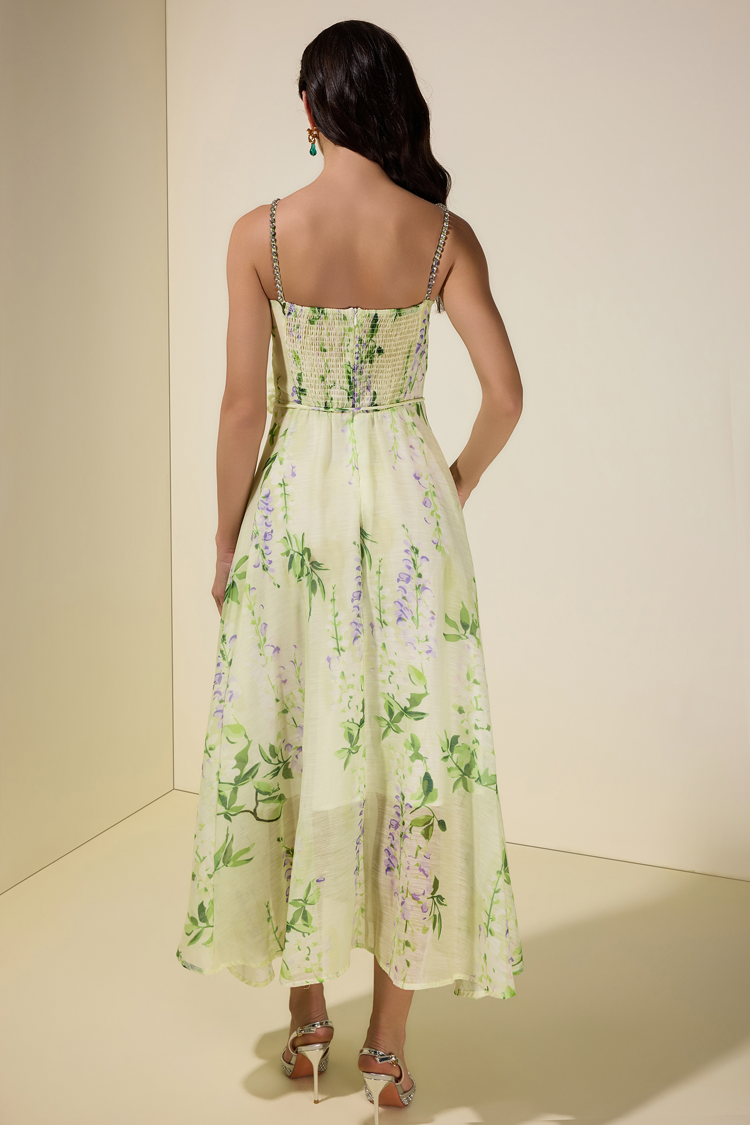 Floral Rhinestone Smocking Midi Dress With Belt