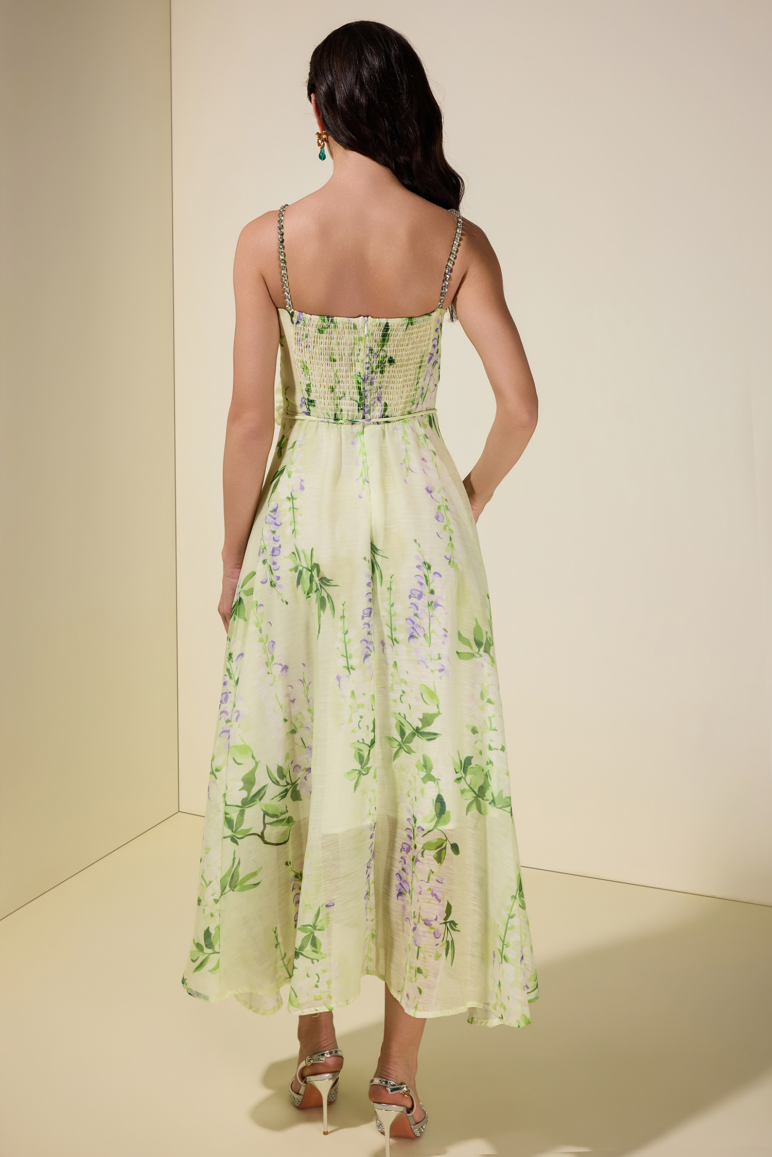 Floral Rhinestone Smocking Midi Dress With Belt