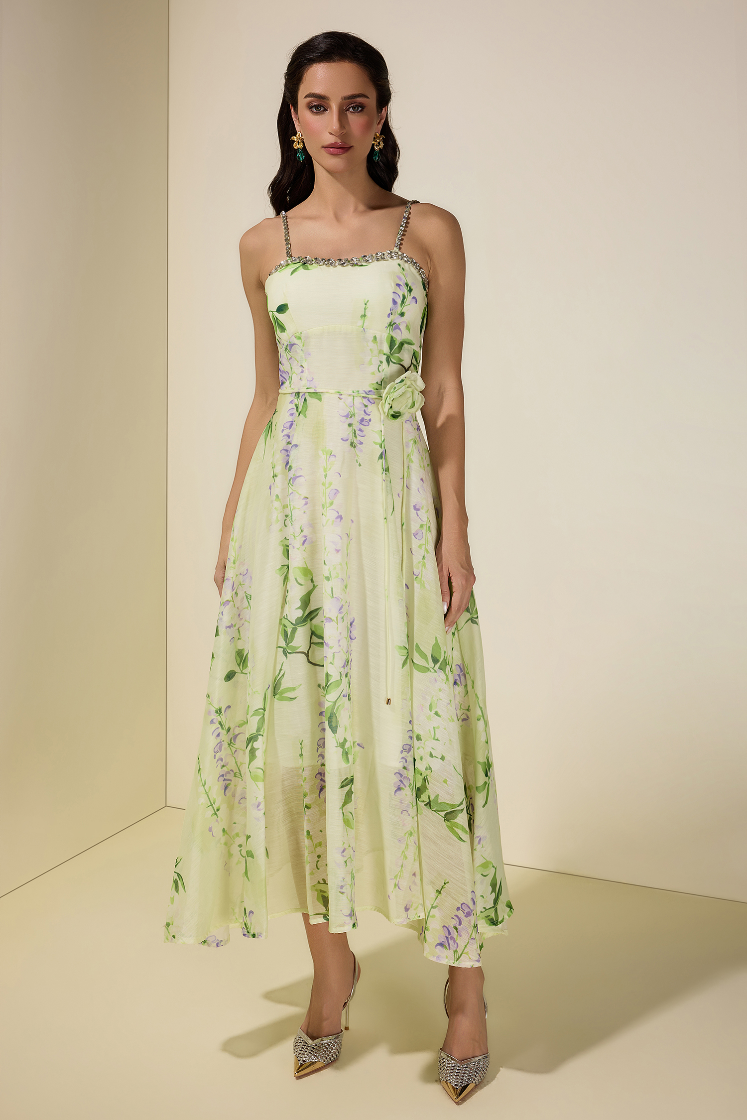 Floral Rhinestone Smocking Midi Dress With Belt