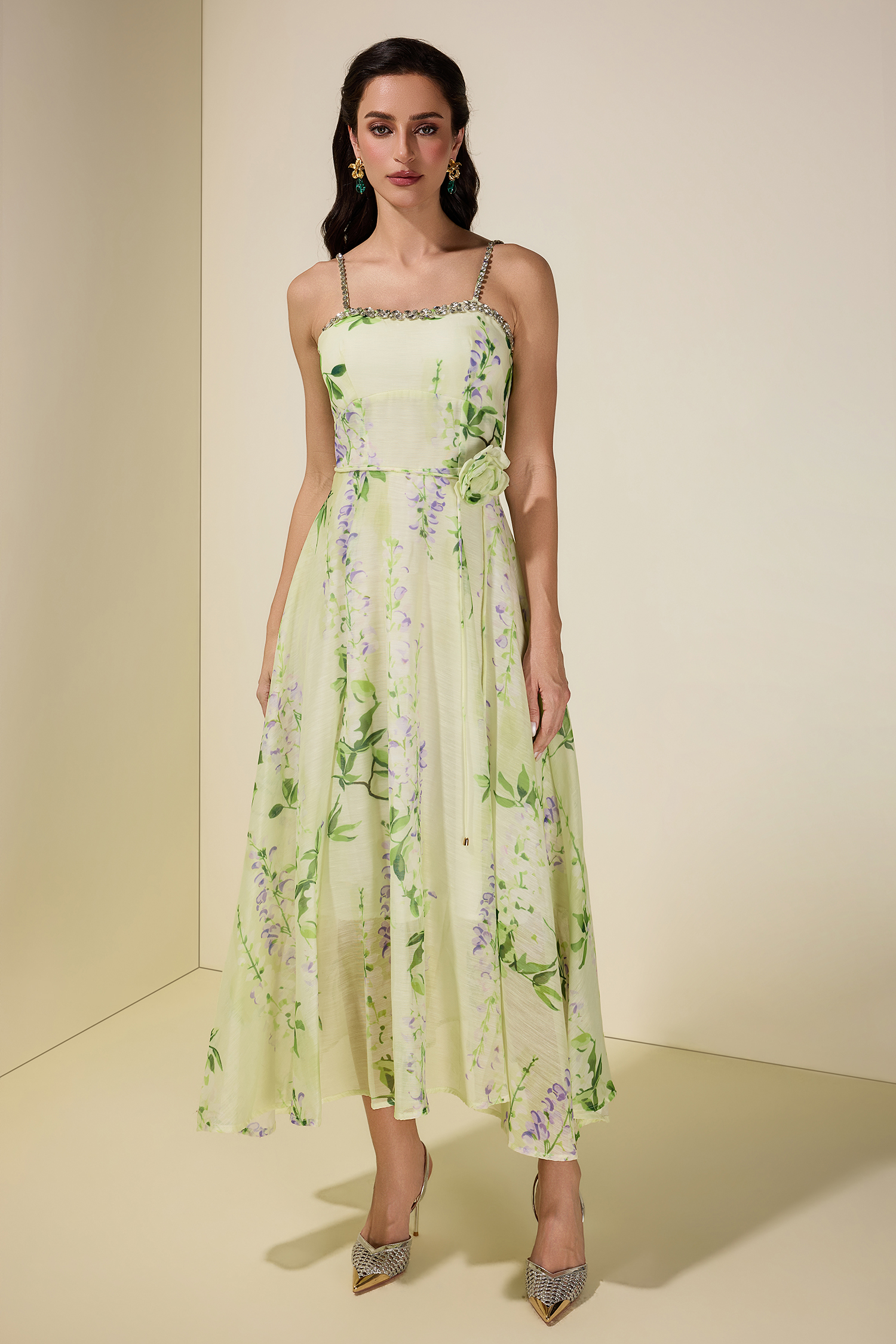 Floral Rhinestone Smocking Midi Dress With Belt