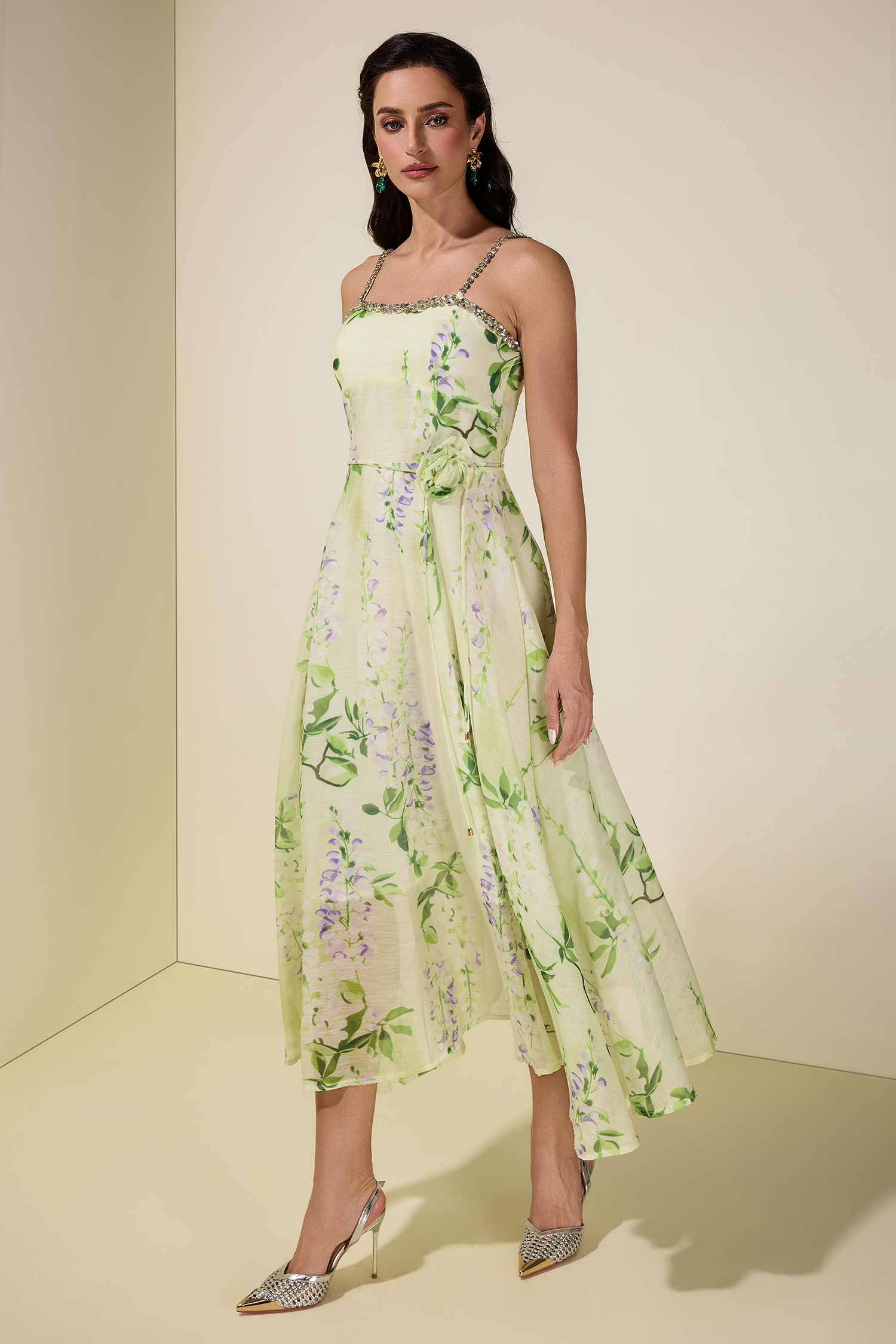 Floral Rhinestone Smocking Midi Dress With Belt