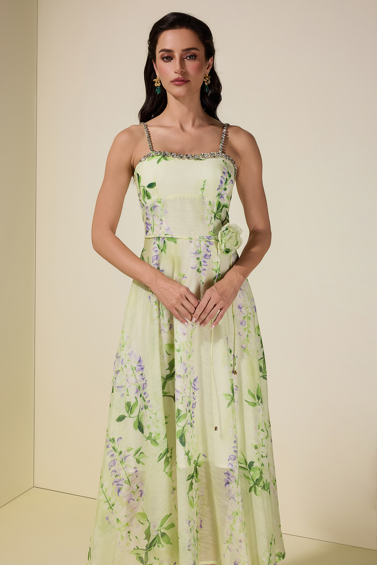 Floral Rhinestone Smocking Midi Dress With Belt