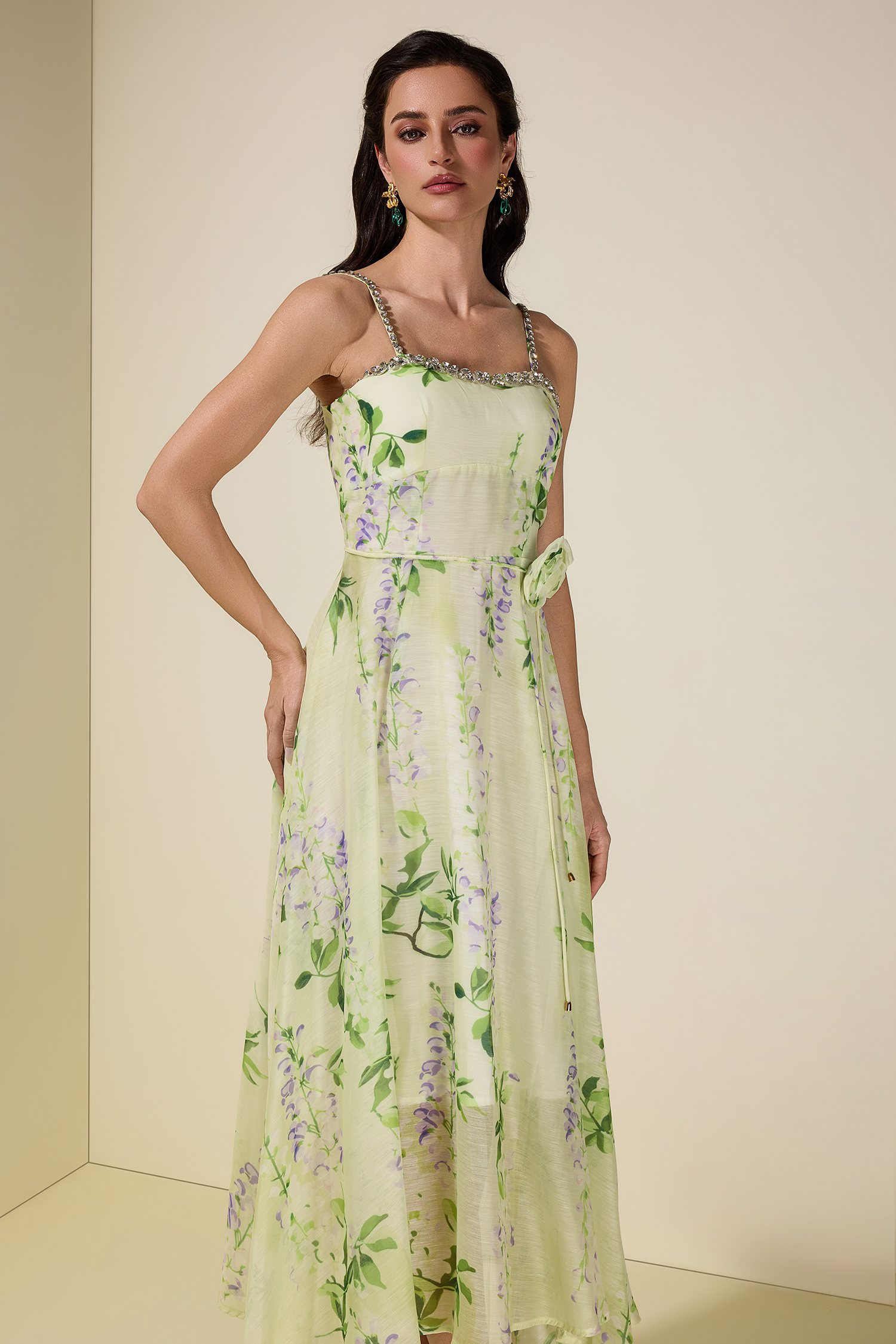 Floral Rhinestone Smocking Midi Dress With Belt