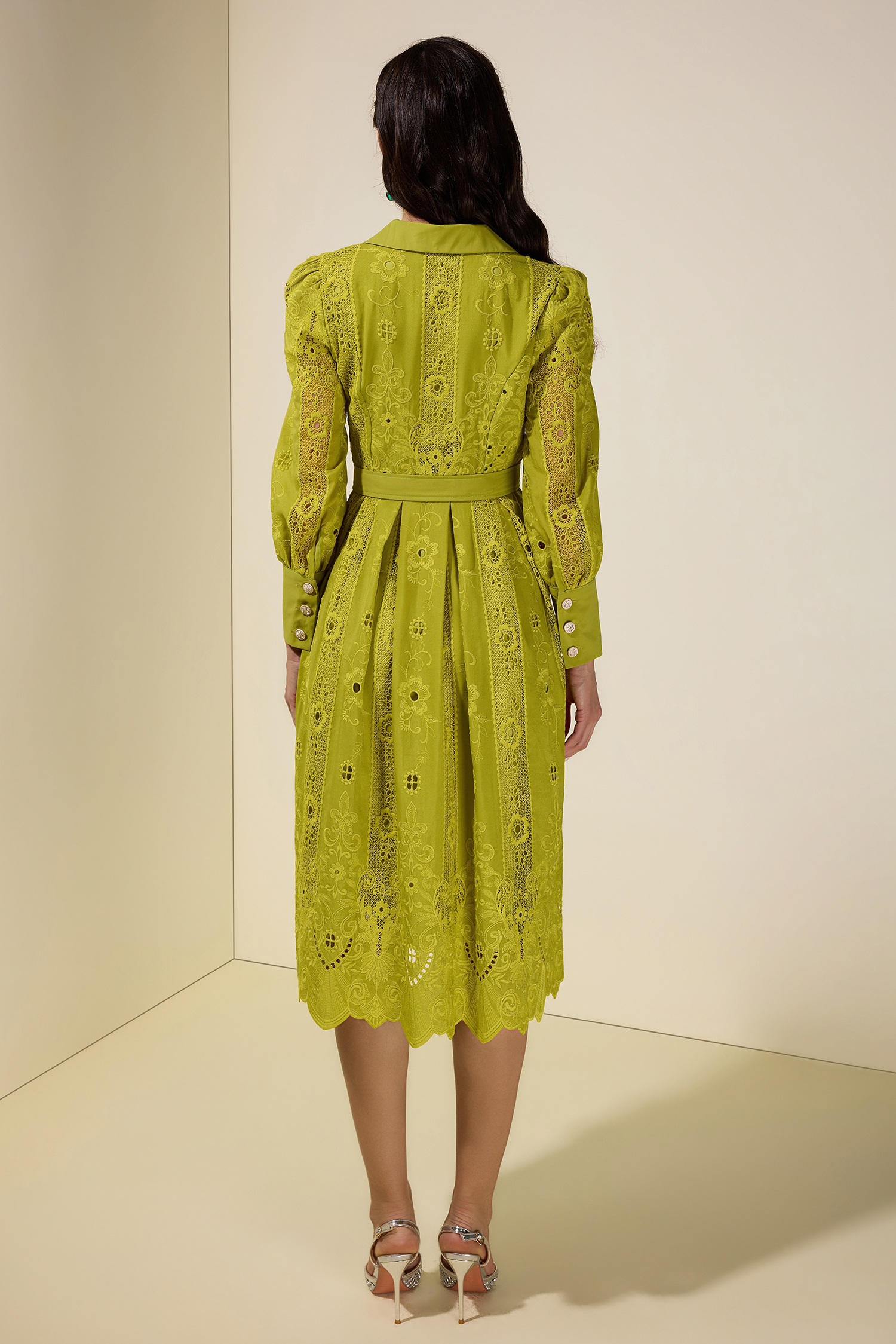 Lace Splicing Embroidered Single Breasted Midi Dress With Belt