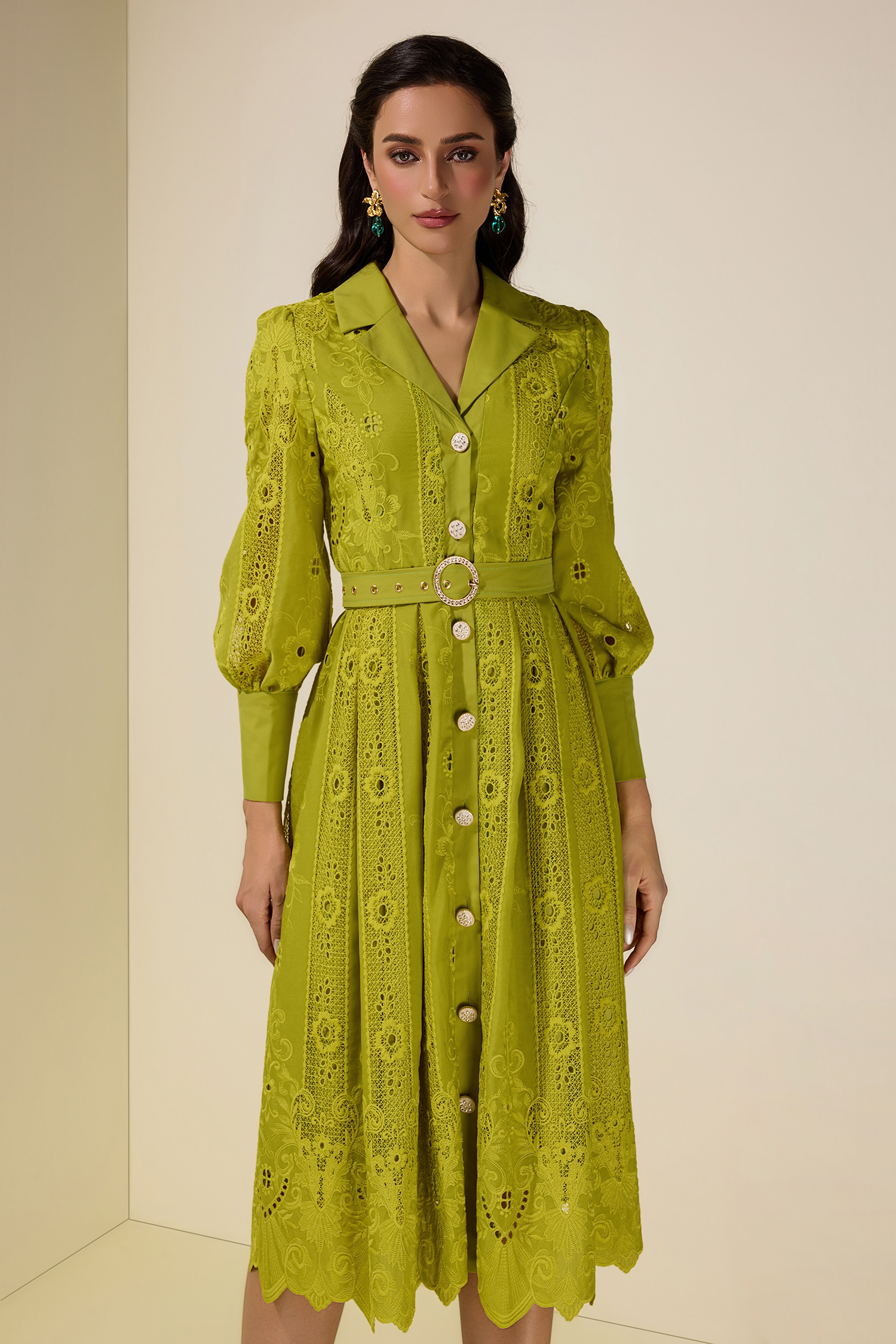 Lace Splicing Embroidered Single Breasted Midi Dress With Belt