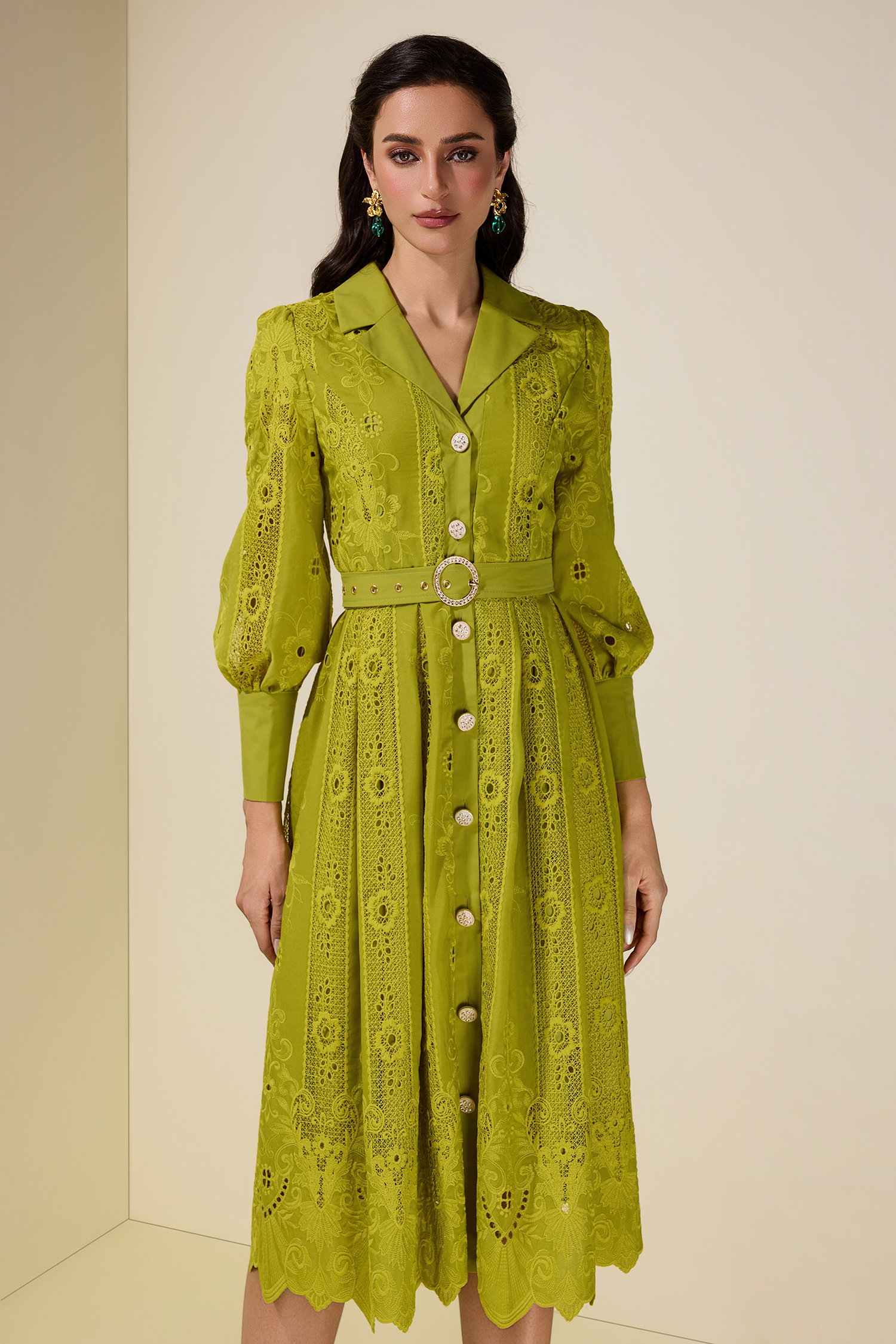 Lace Splicing Embroidered Single Breasted Midi Dress With Belt