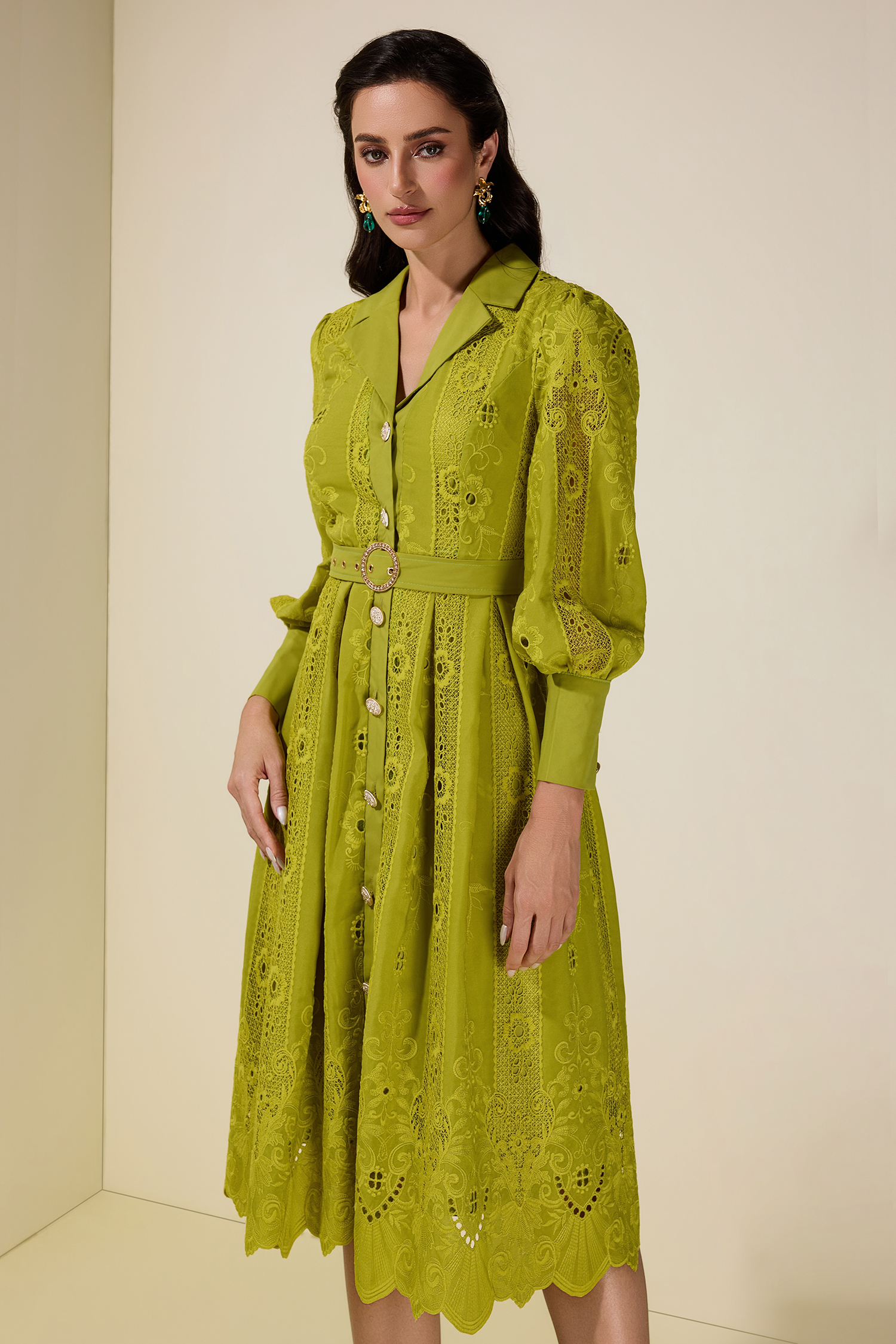Lace Splicing Embroidered Single Breasted Midi Dress With Belt