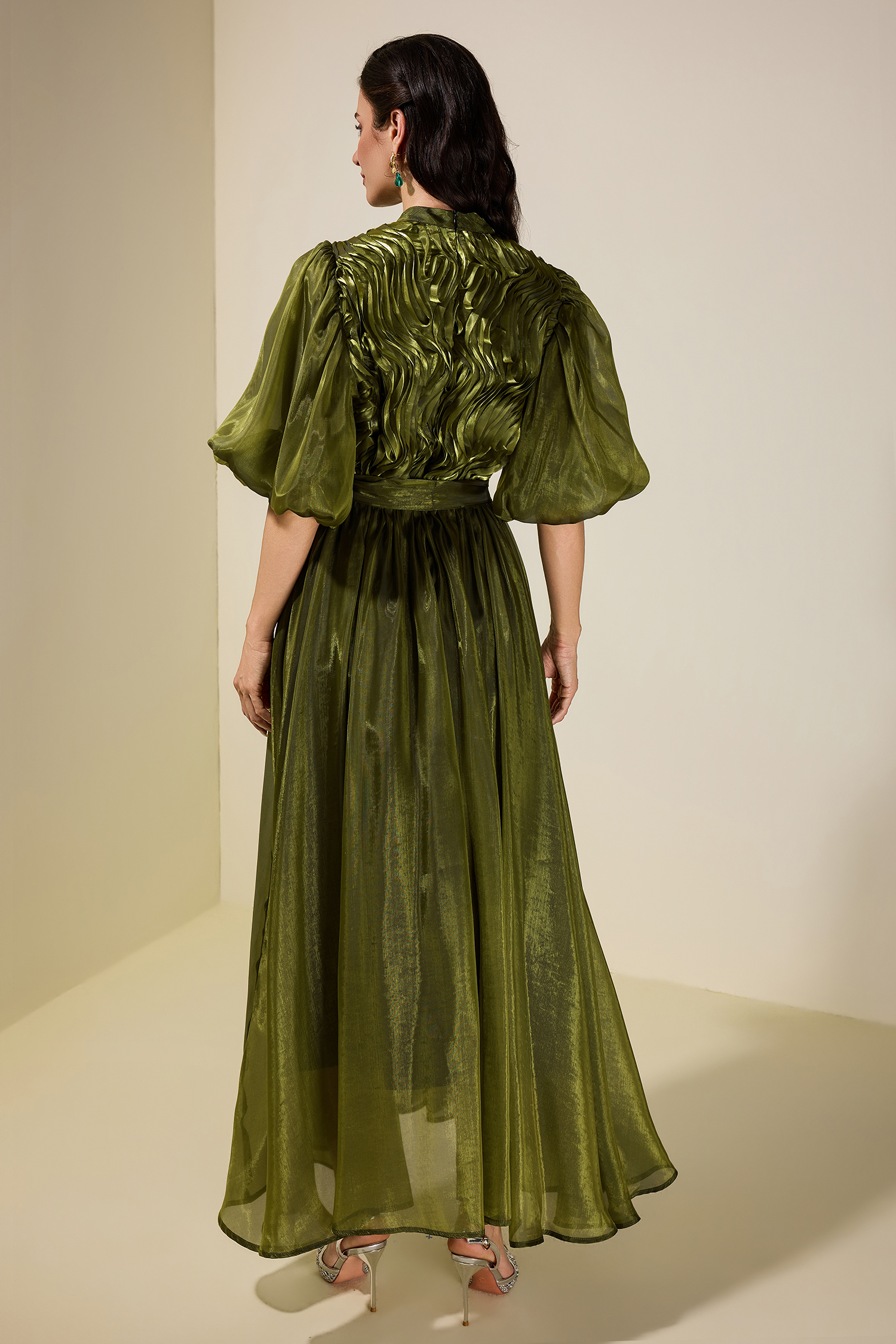 Frill Puff Sleeve Round Neck Midi Dress