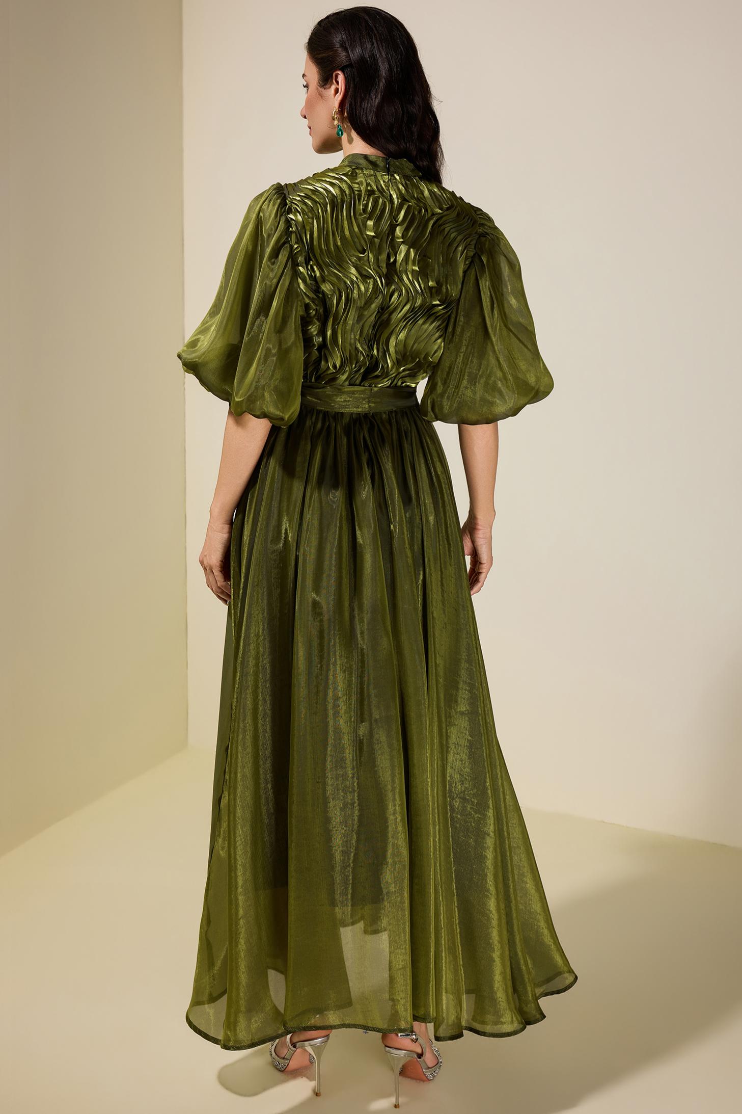 Frill Puff Sleeve Round Neck Midi Dress