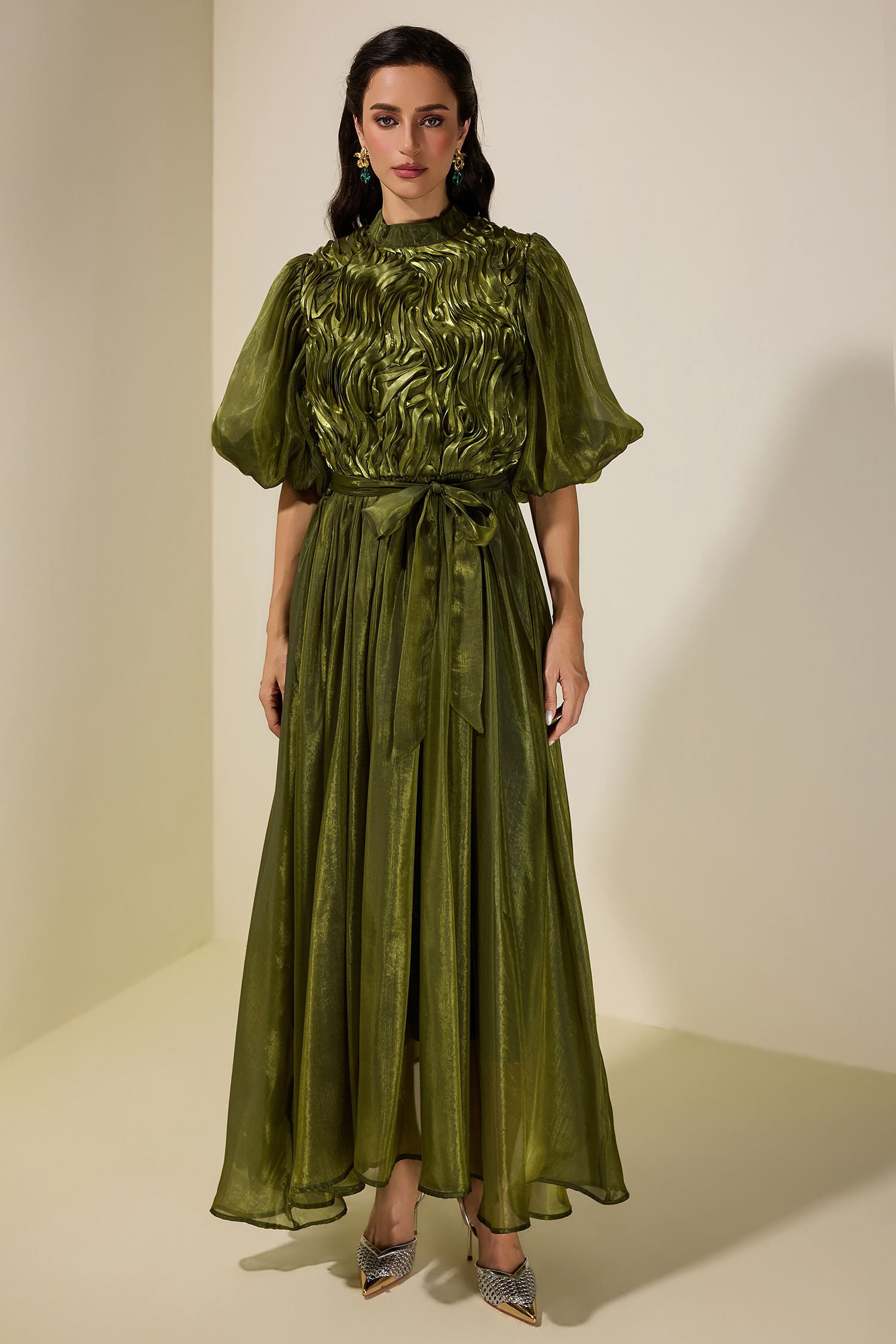 Frill Puff Sleeve Round Neck Midi Dress